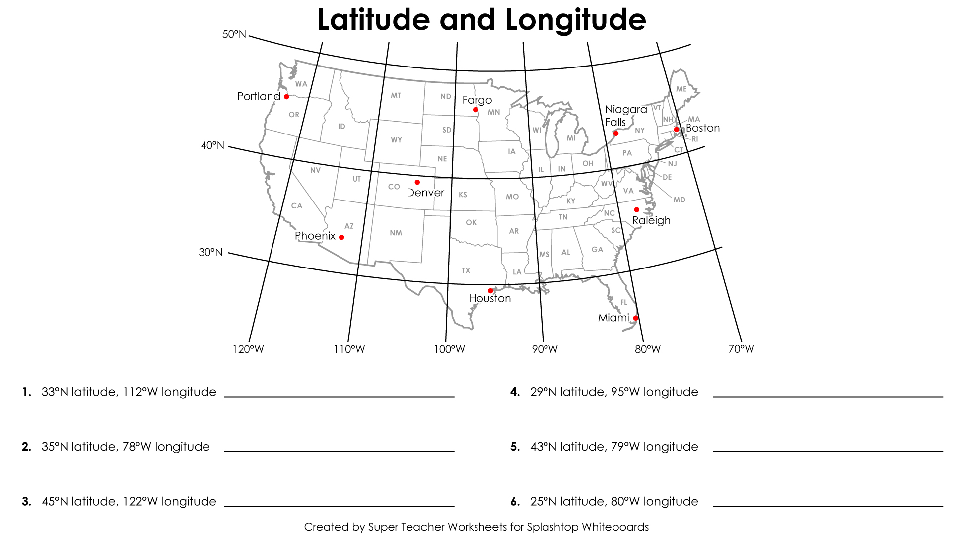 USA Latitude and Longitude Worksheet Image