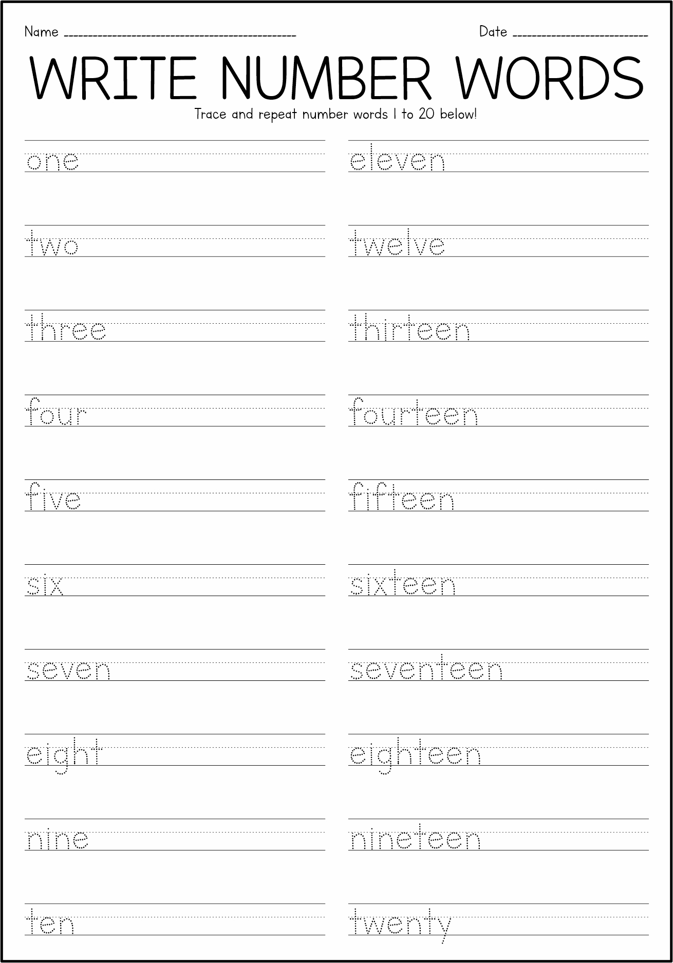 Writing Number Words 1 20 Image