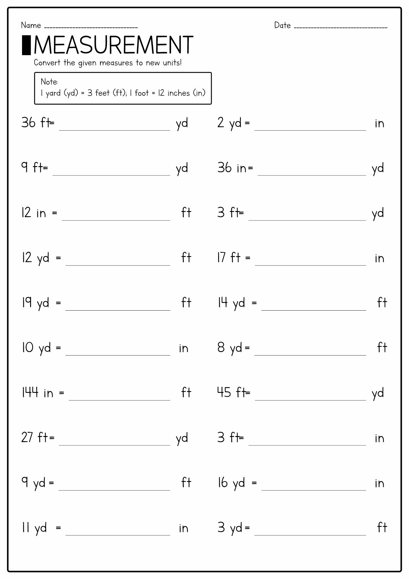 Yards Feet and Inches Worksheets