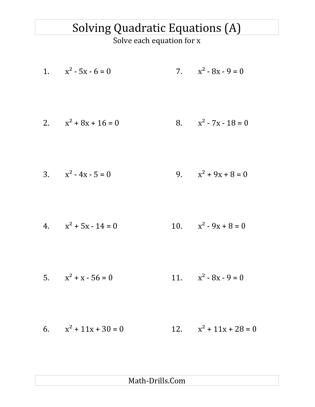 Algebra 1 Solving Quadratic Equations Worksheet Image
