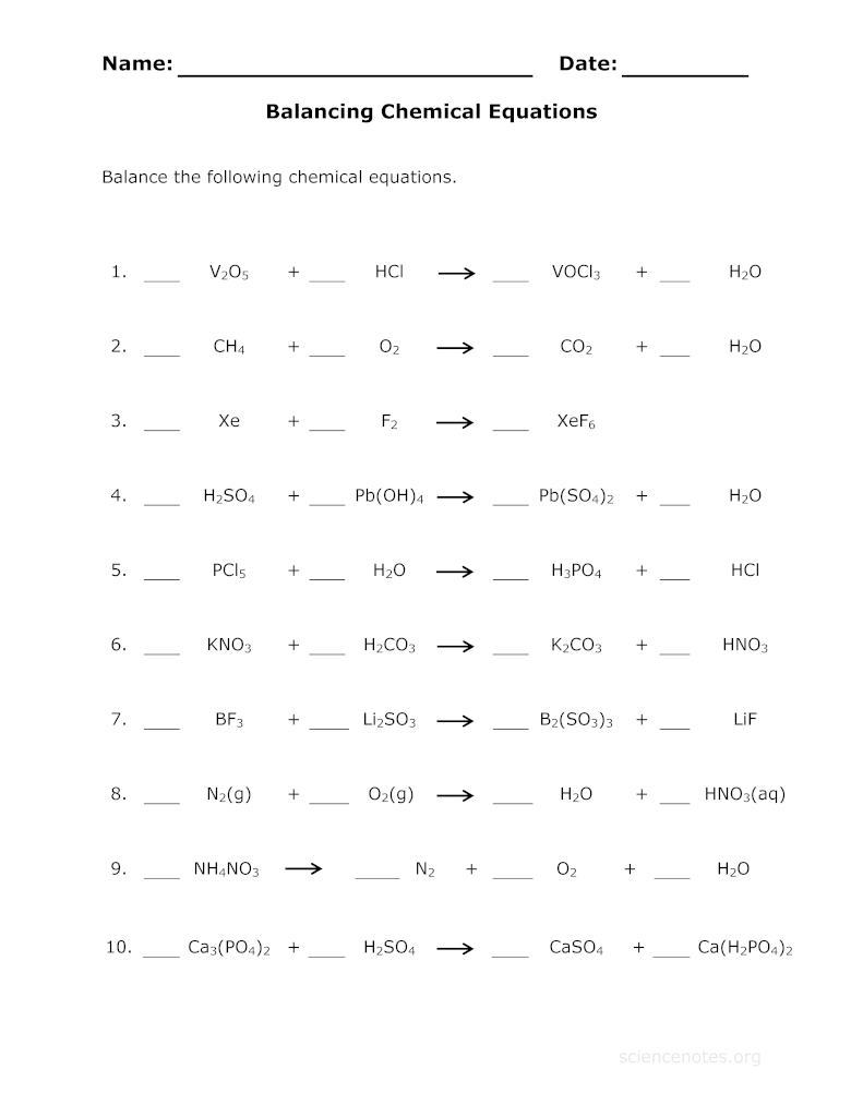 Balancing Chemical Equations Worksheet Image