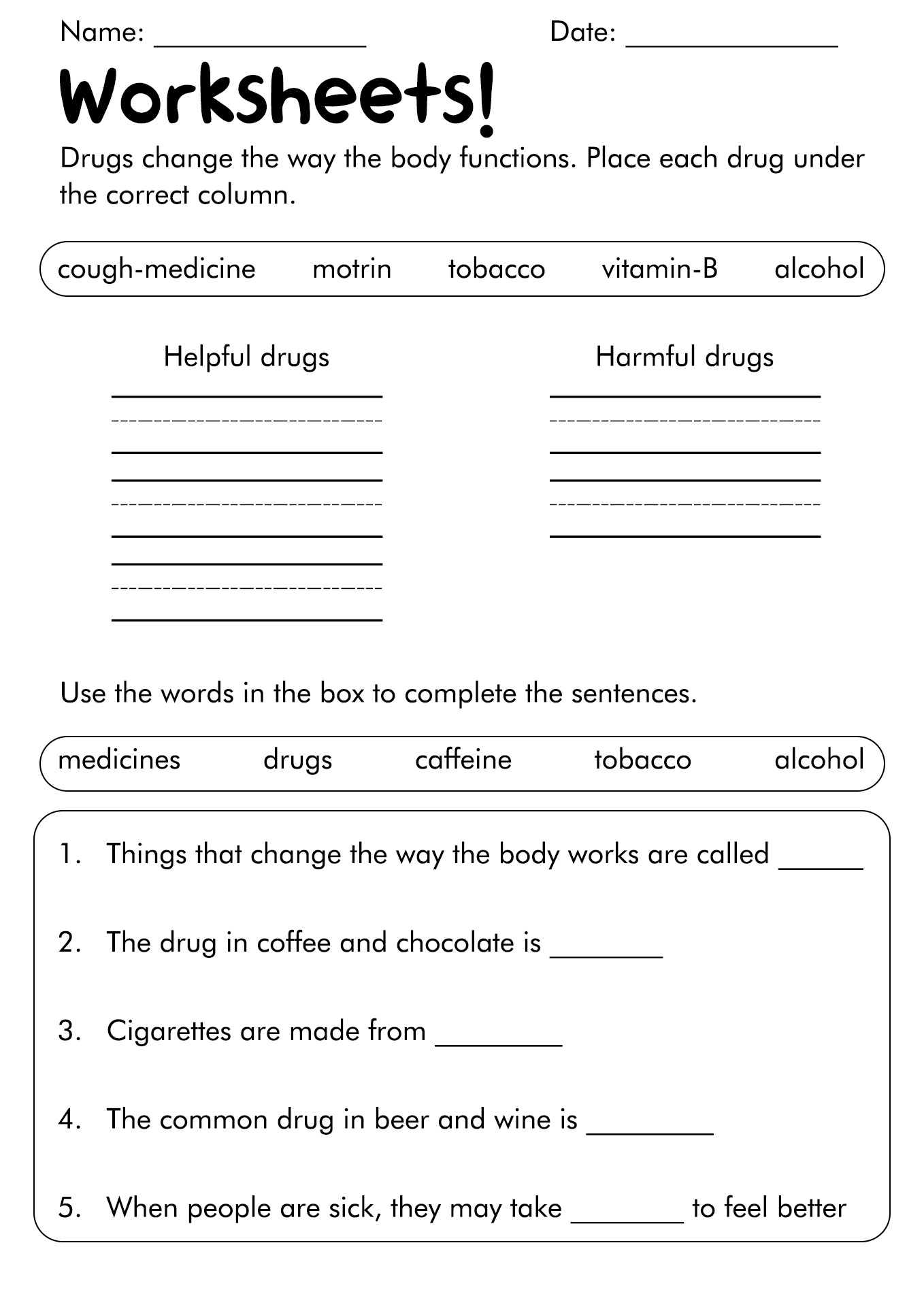 Drug and Substance Abuse Worksheets Image