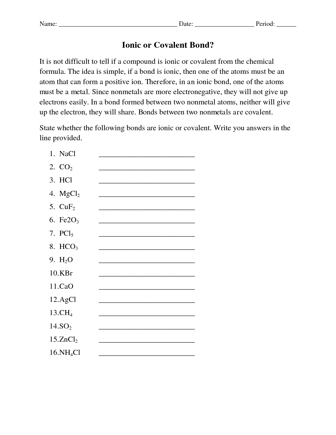 Ionic and Covalent Bonds Worksheet Image