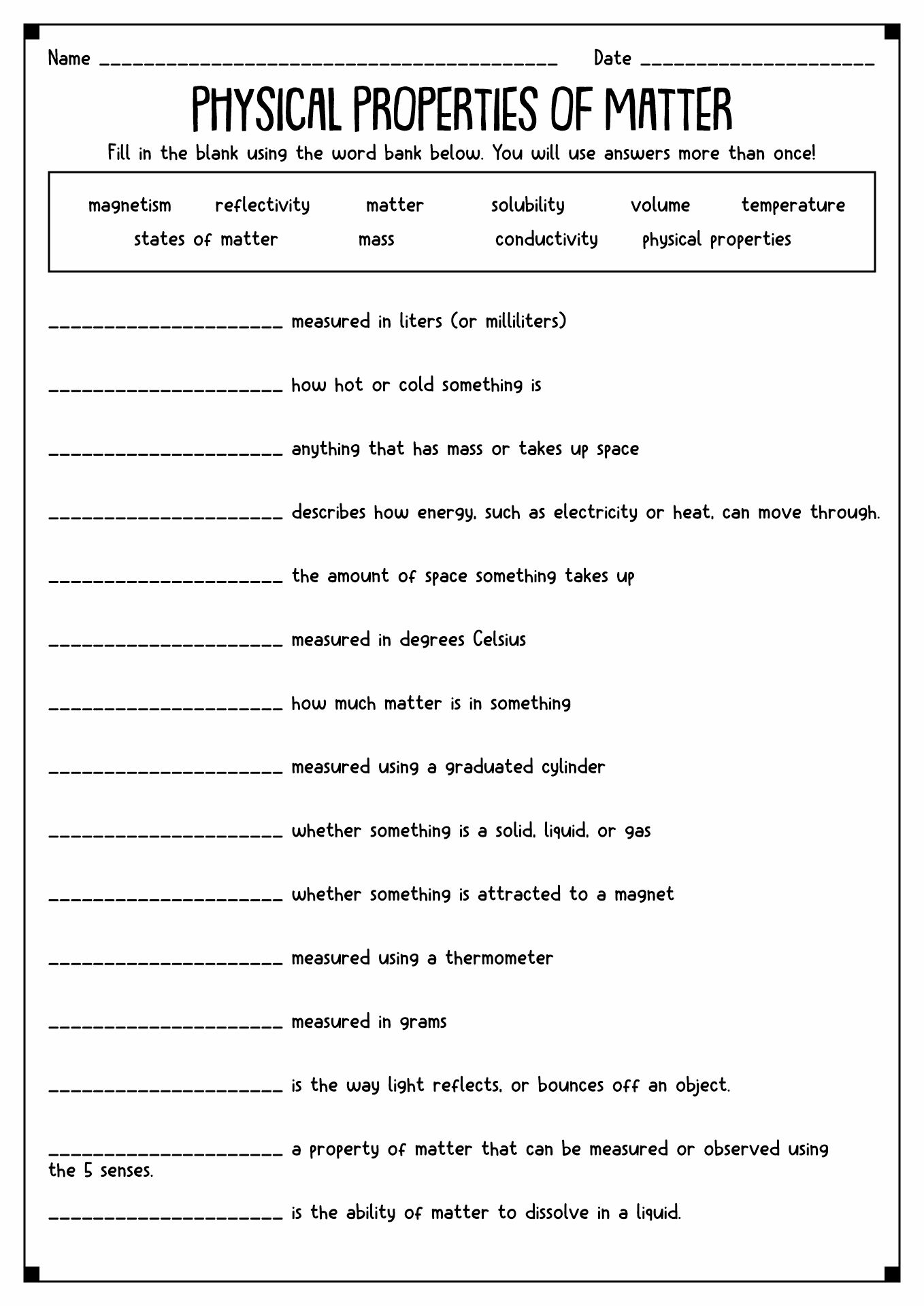 Physical Properties of Matter Worksheet
