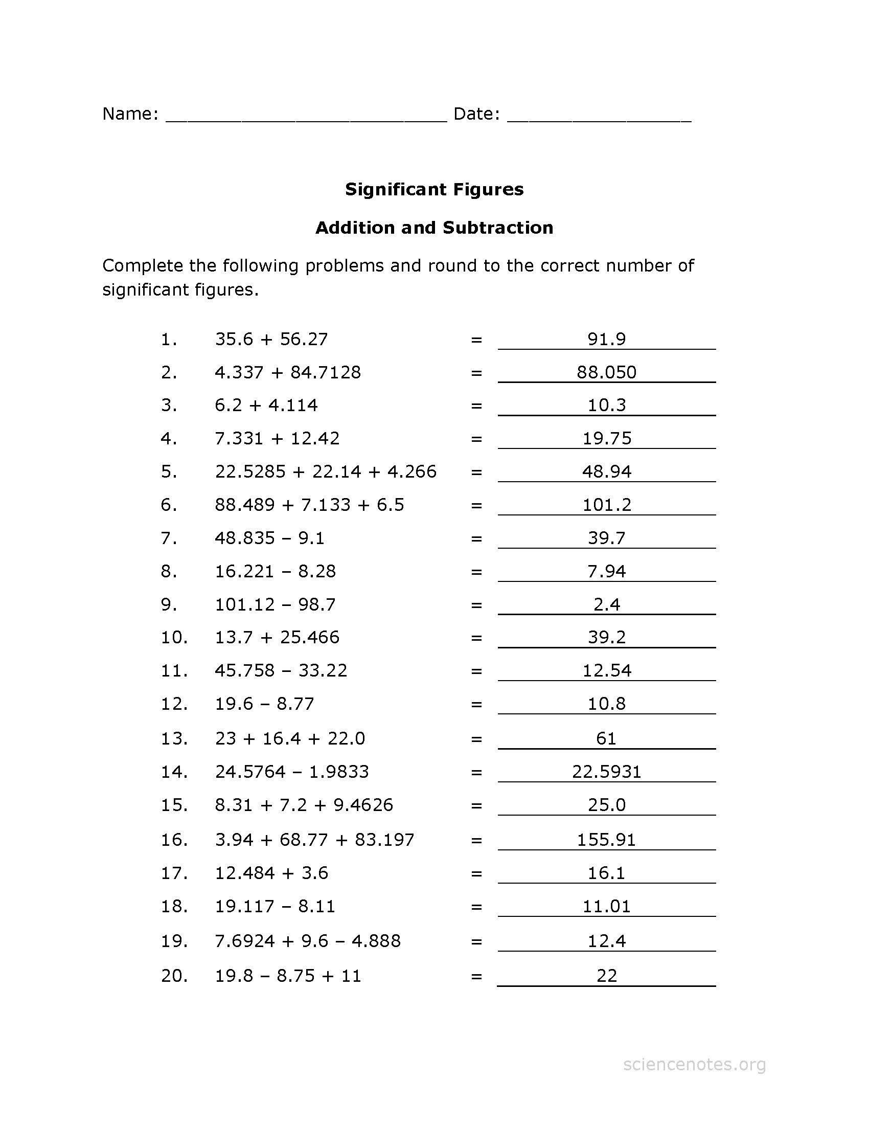 Significant Figures Worksheet and Answer Key Image