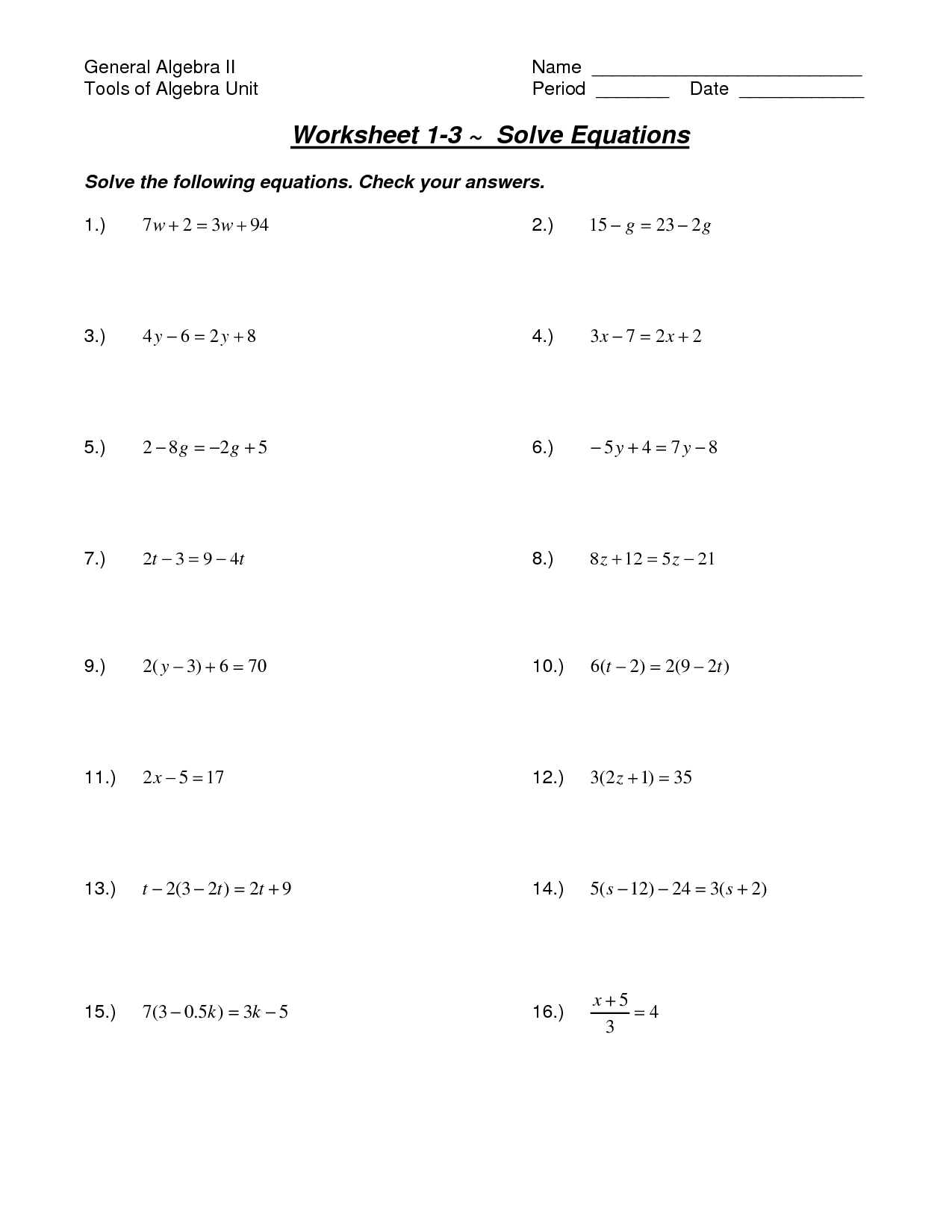 Solving Equations Worksheets Image