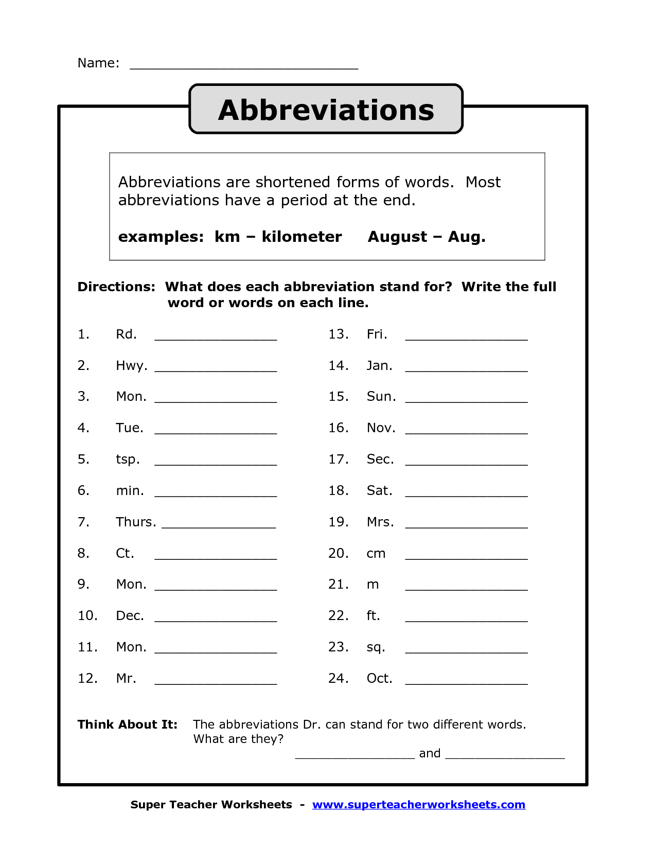State Names and Abbreviations Worksheet Image