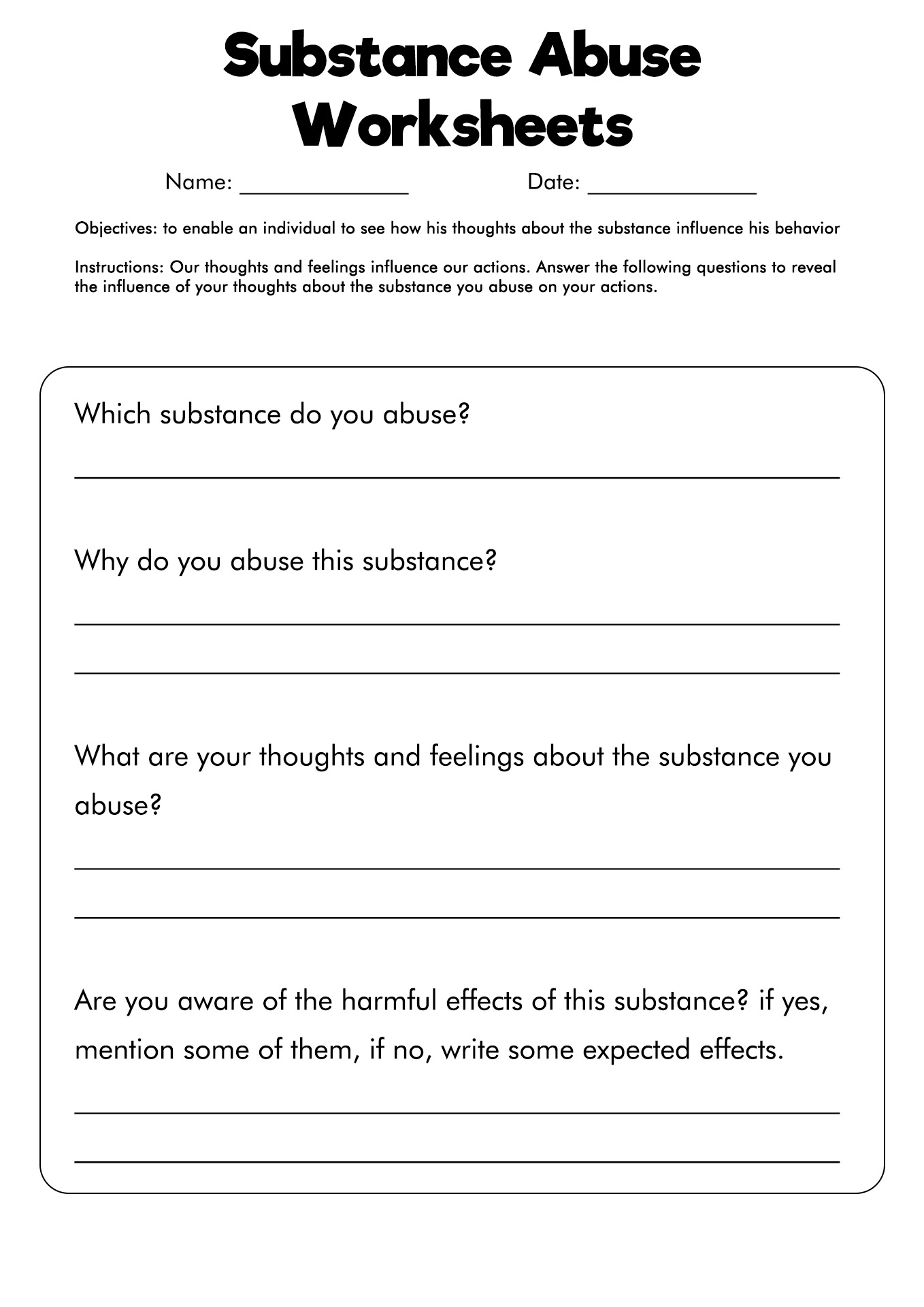 Substance Abuse Recovery Worksheets Image