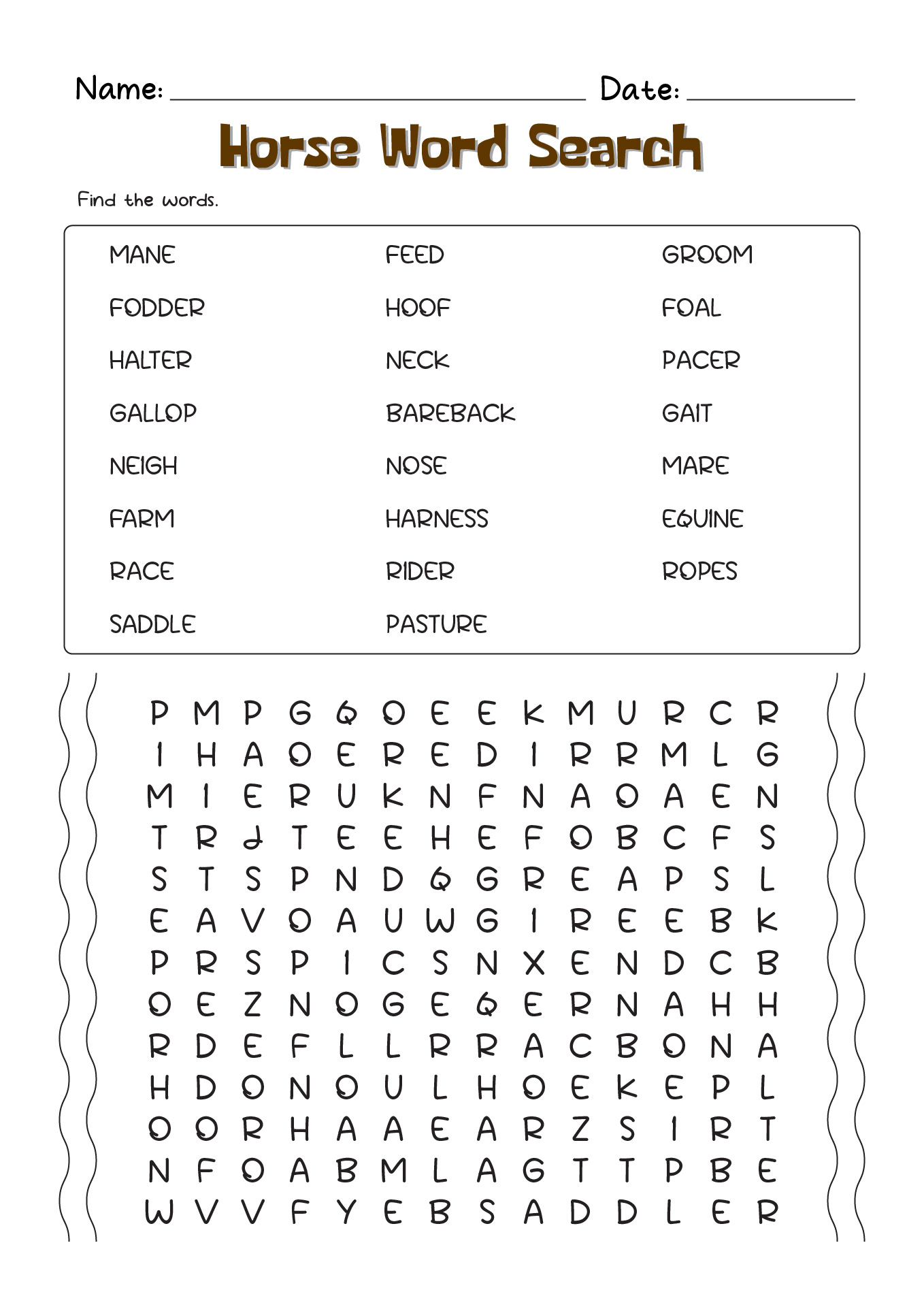Word Search Printable Horse Activity Sheet