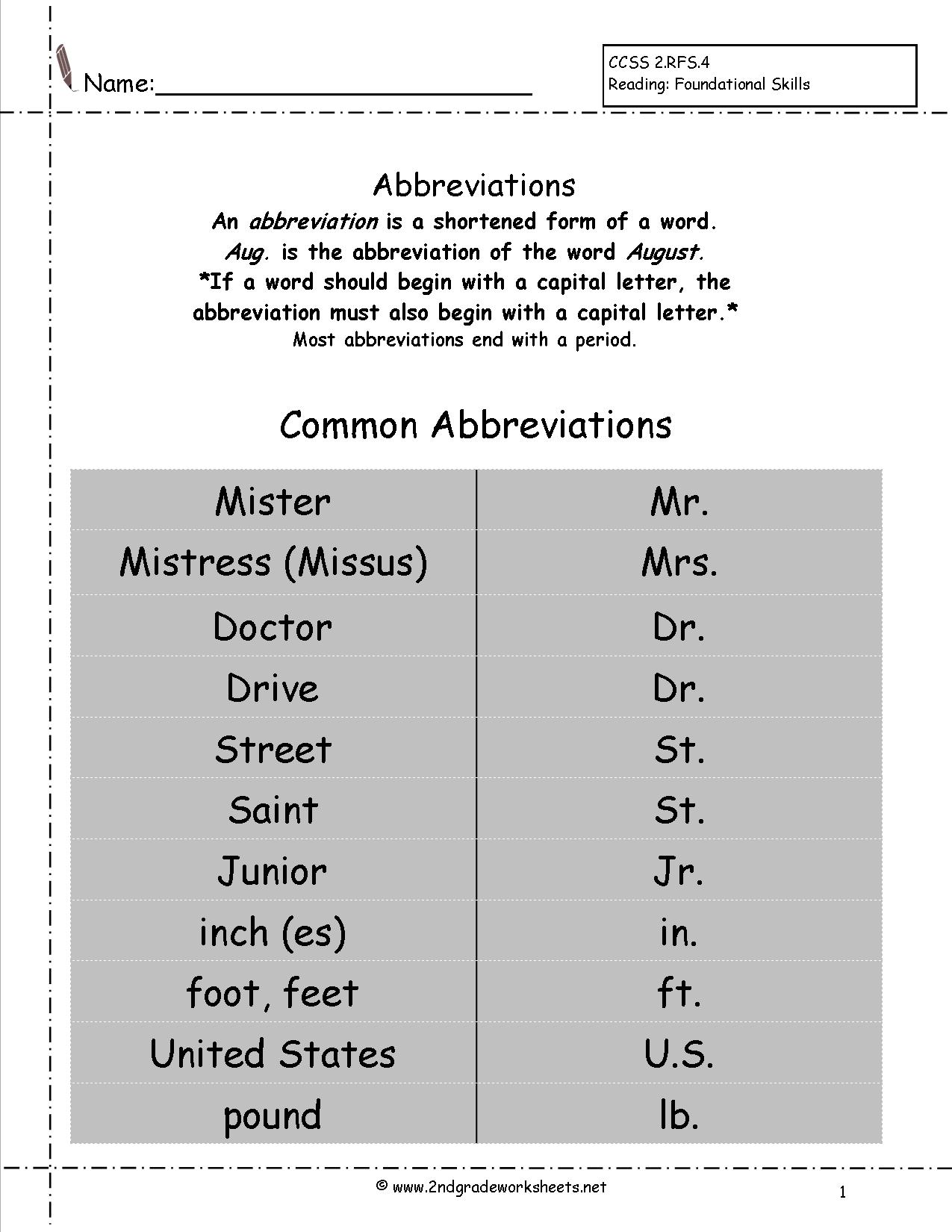 2nd Grade Abbreviation Worksheets Image