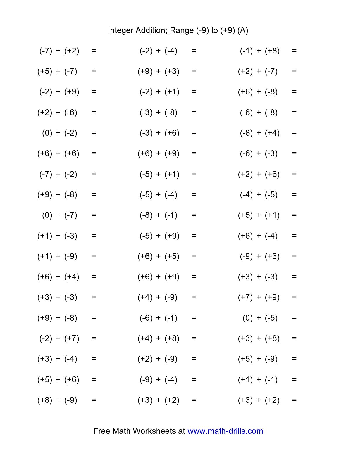 Adding Integers Printable Worksheet