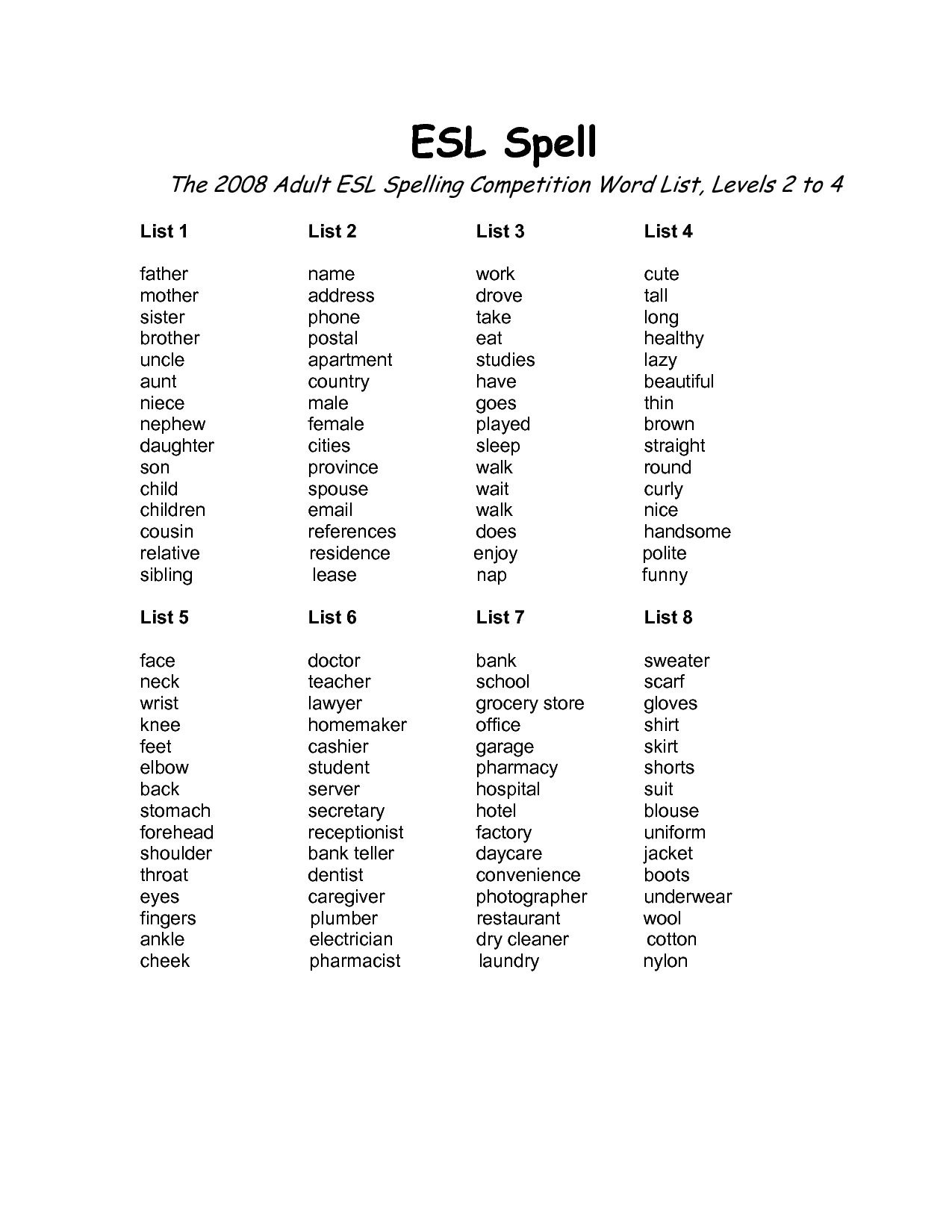 Adult Spelling Word List Image