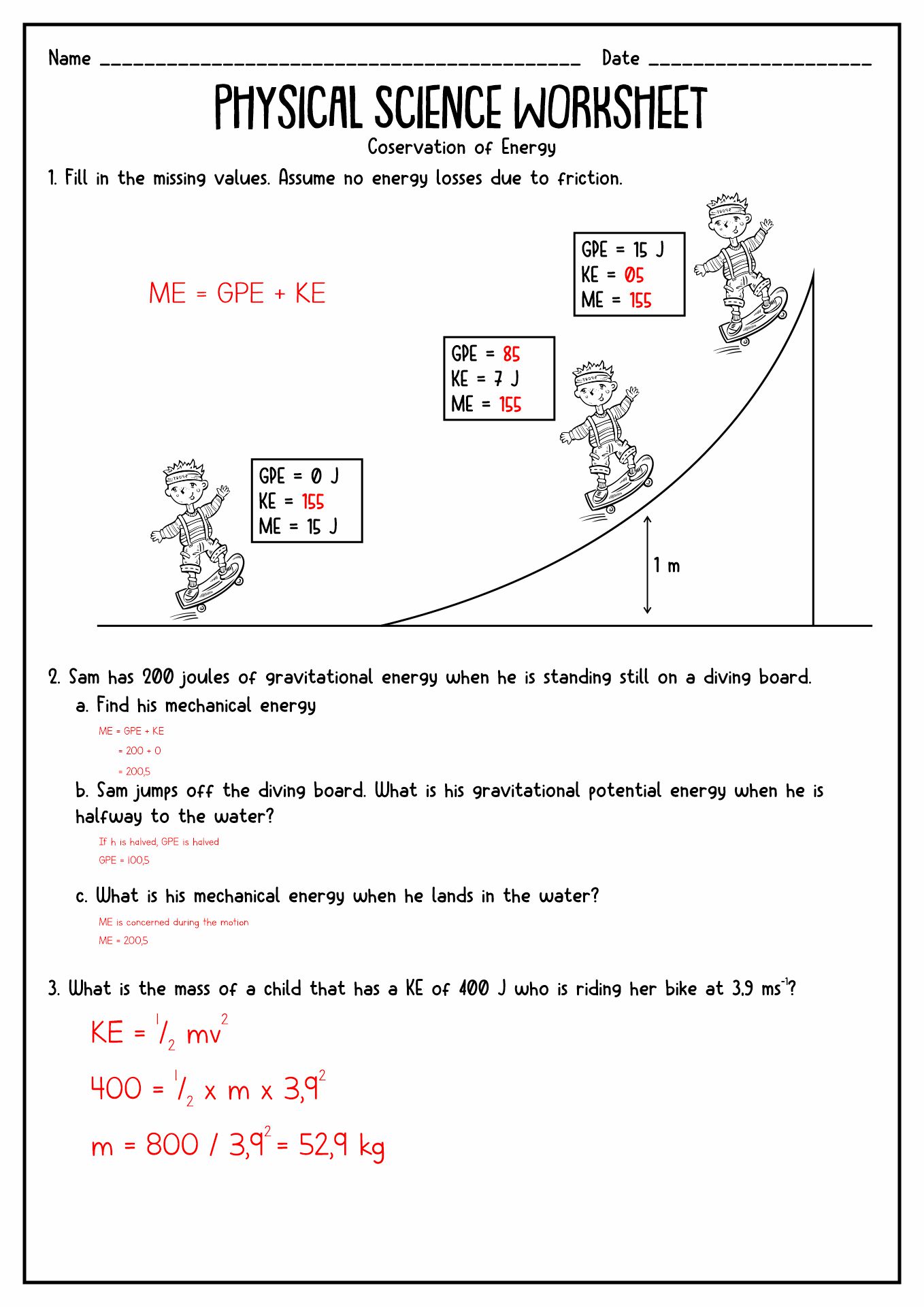 Conservation of Energy Worksheet Answers