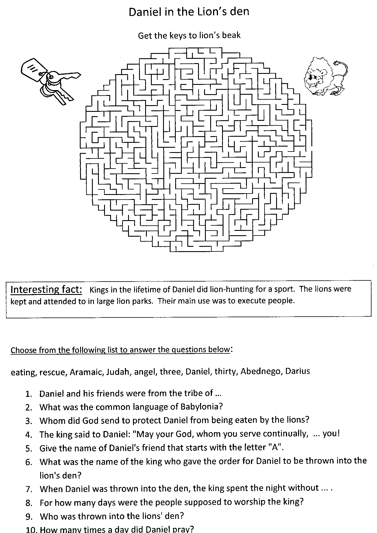 Daniel and Lions Den Activity Sheets