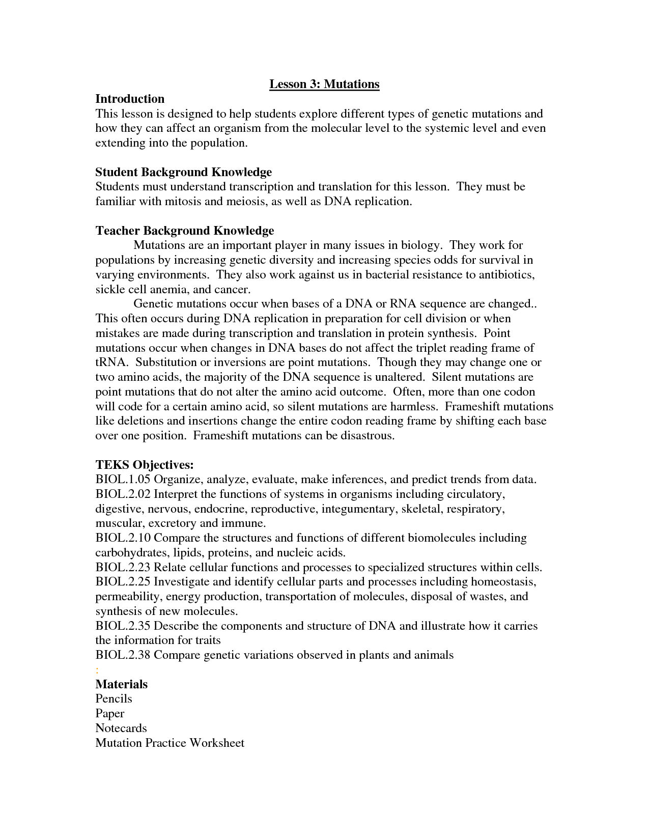 DNA Mutations Worksheet Answer Key
