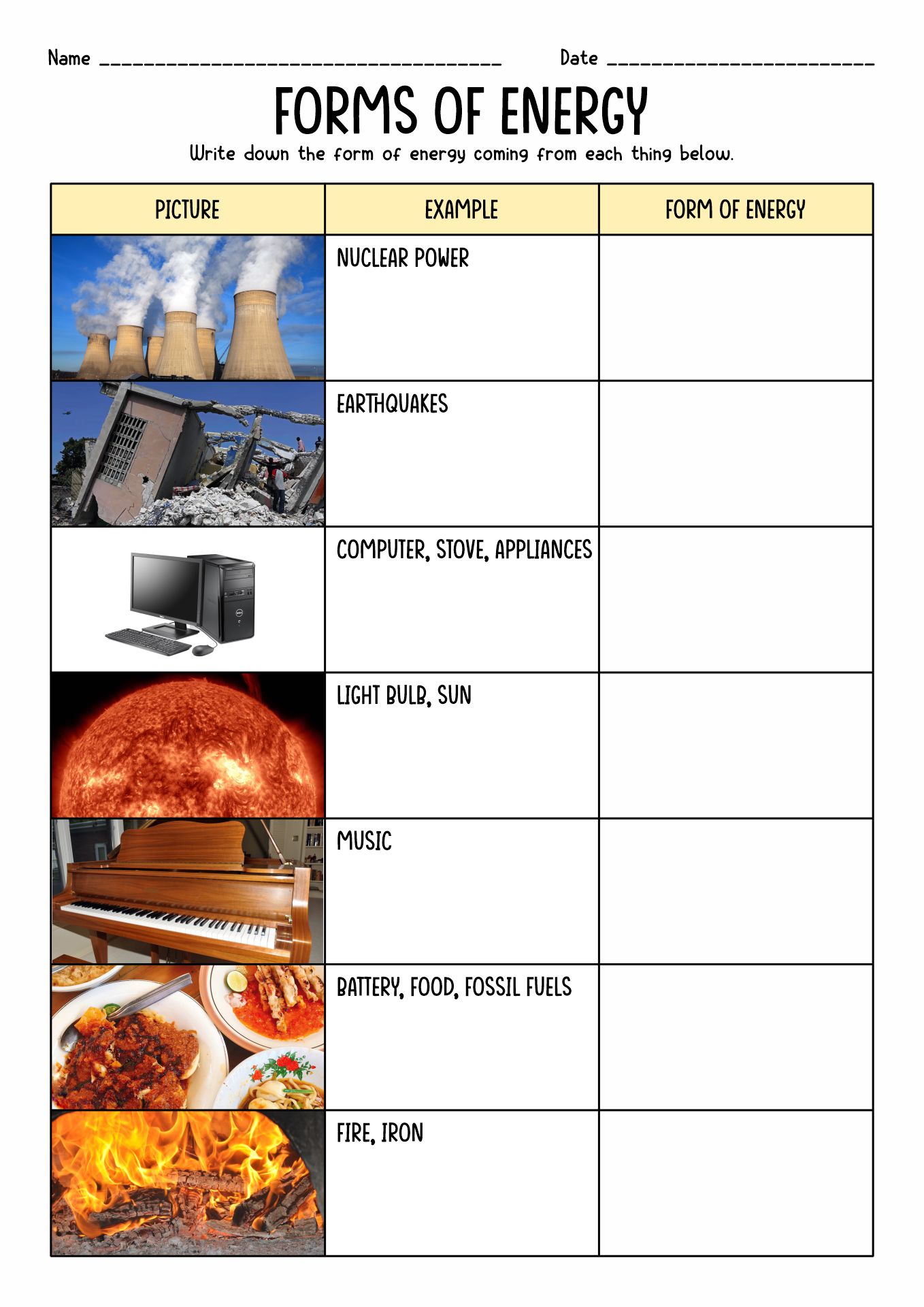 3 Forms of Energy Worksheets