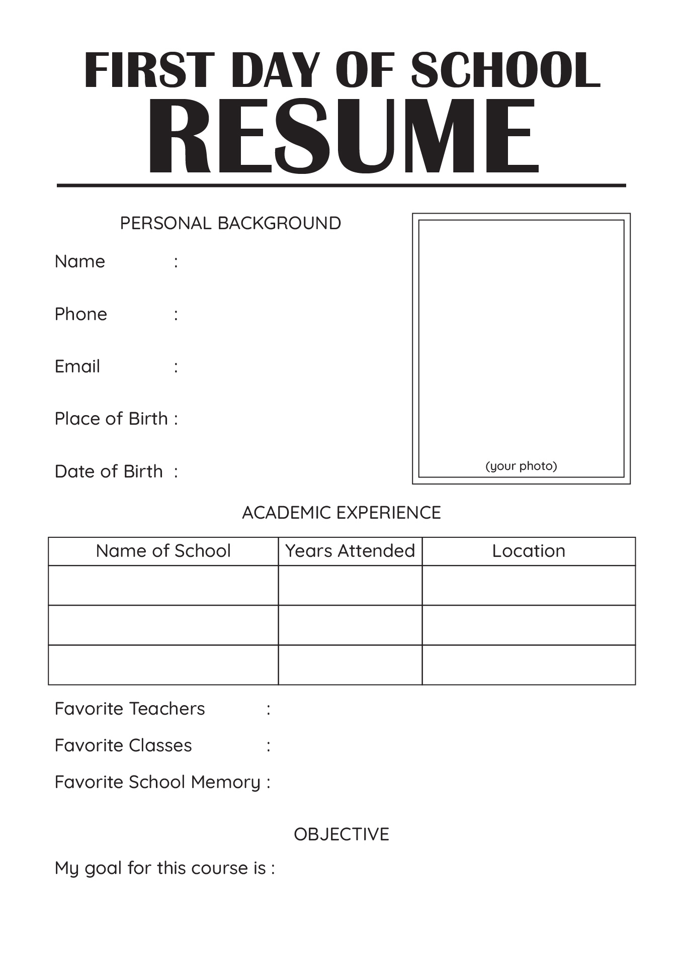 First Day of School Student Resume