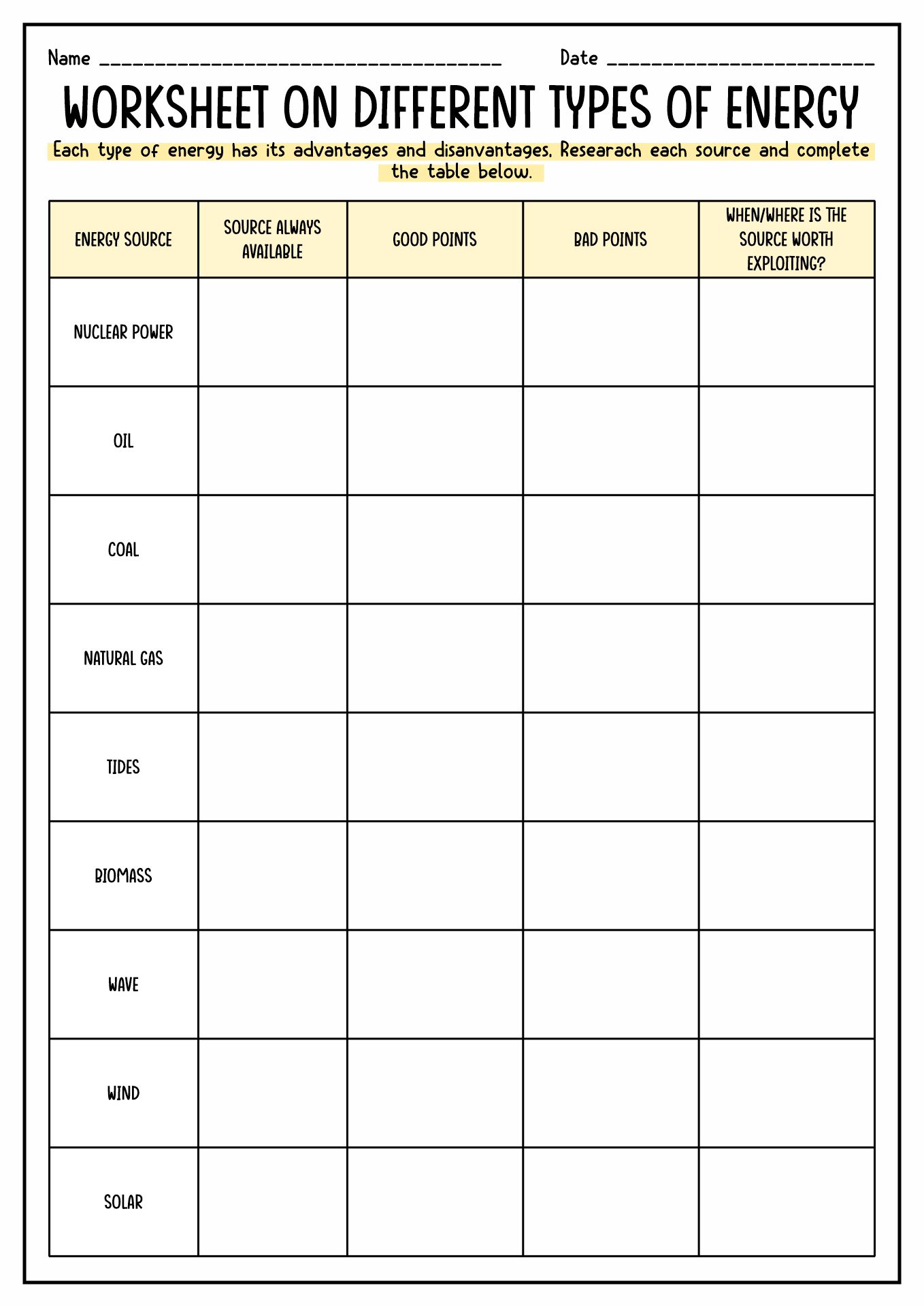 Forms of Energy Worksheet Answers