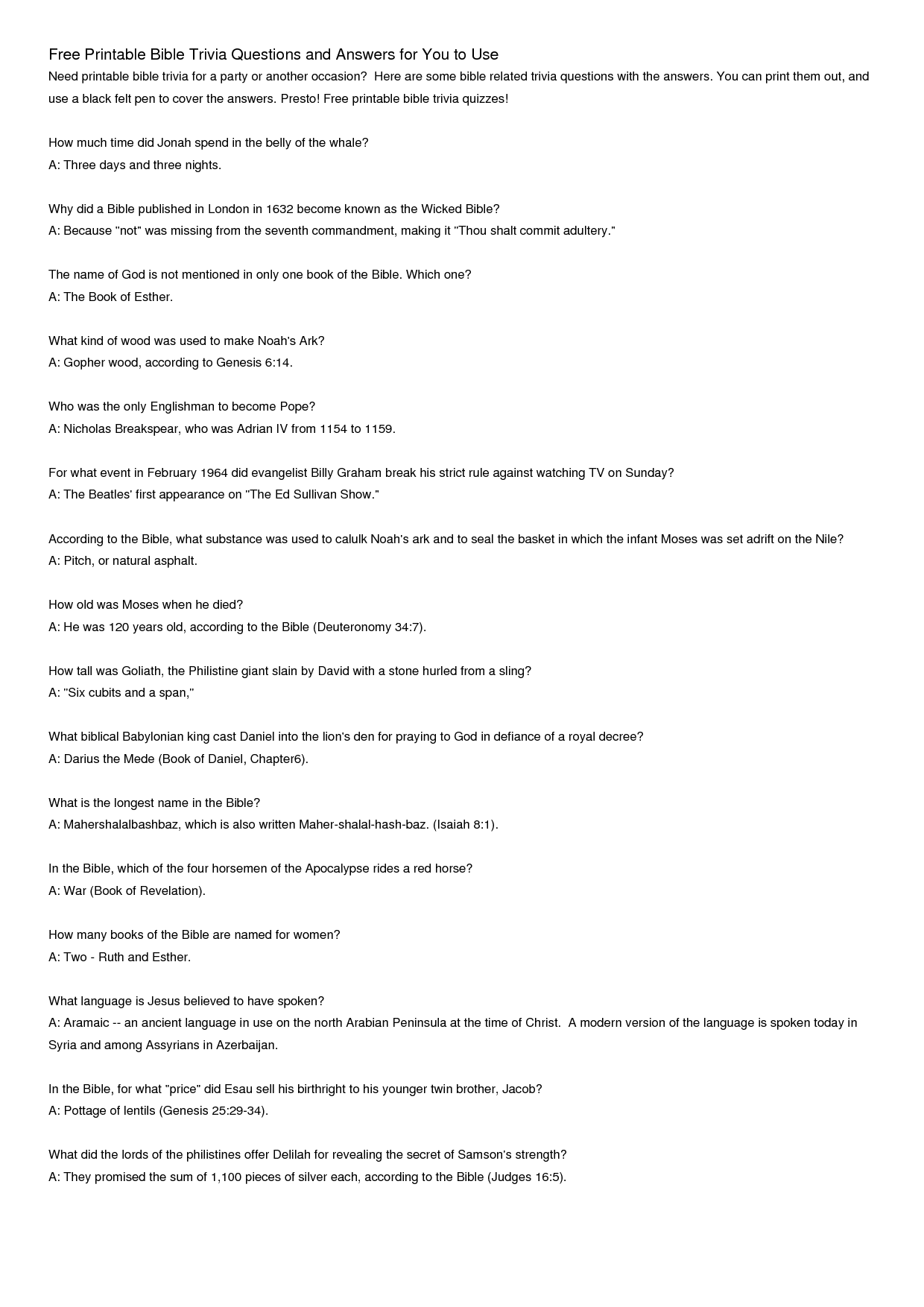 Free Bible Trivia Questions and Answers