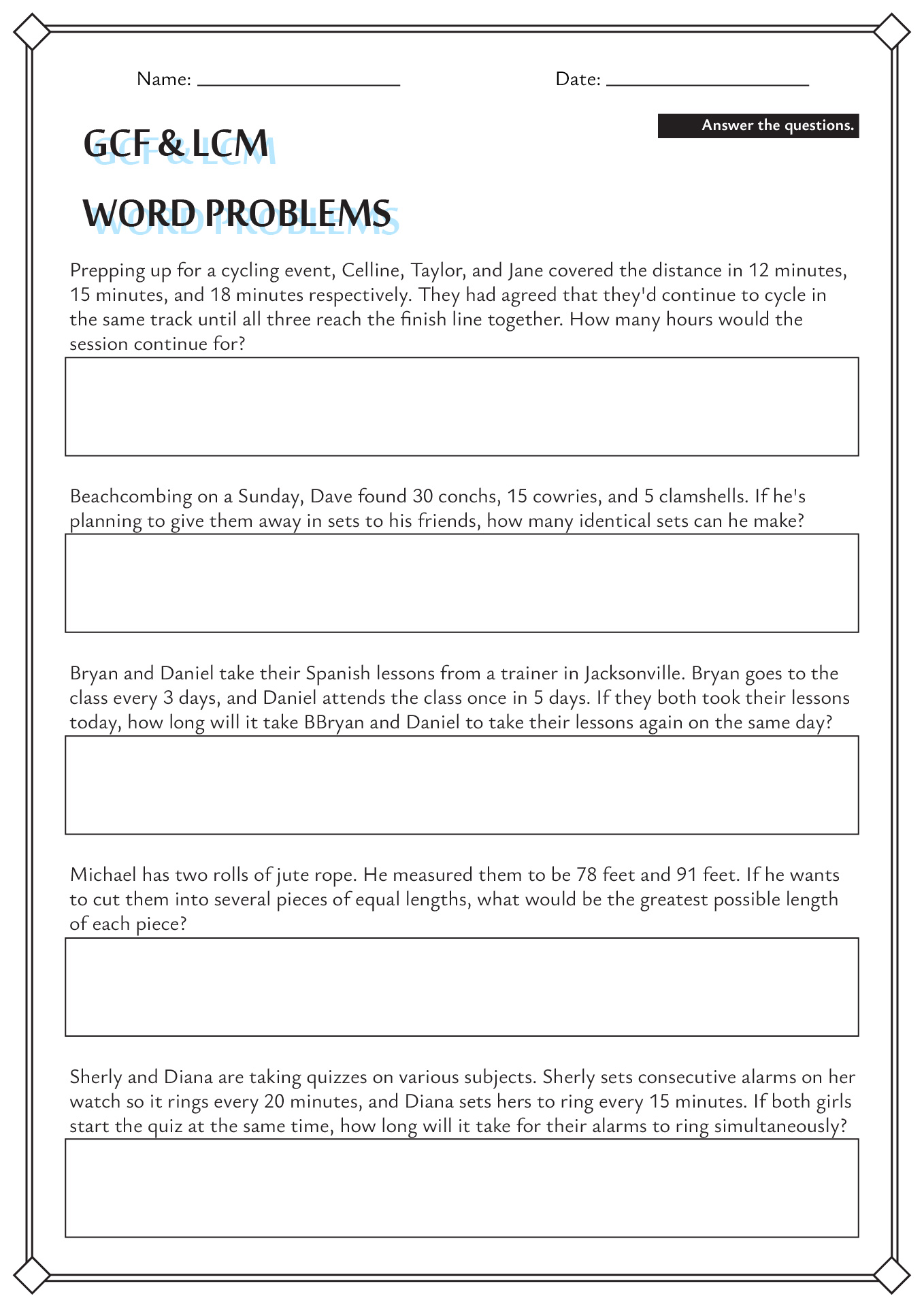 GCF and LCM Word Problems Worksheet Grade 6