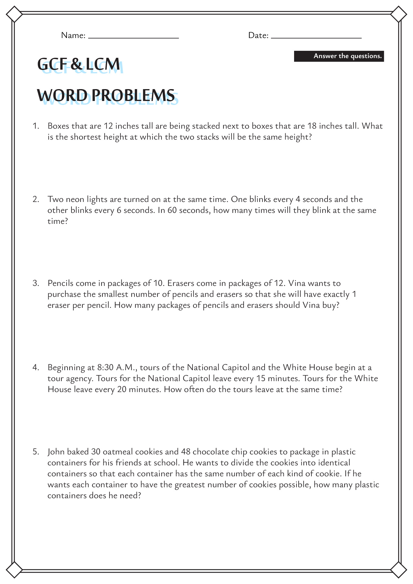 GCF and LCM Word Problems Worksheet Grade 6