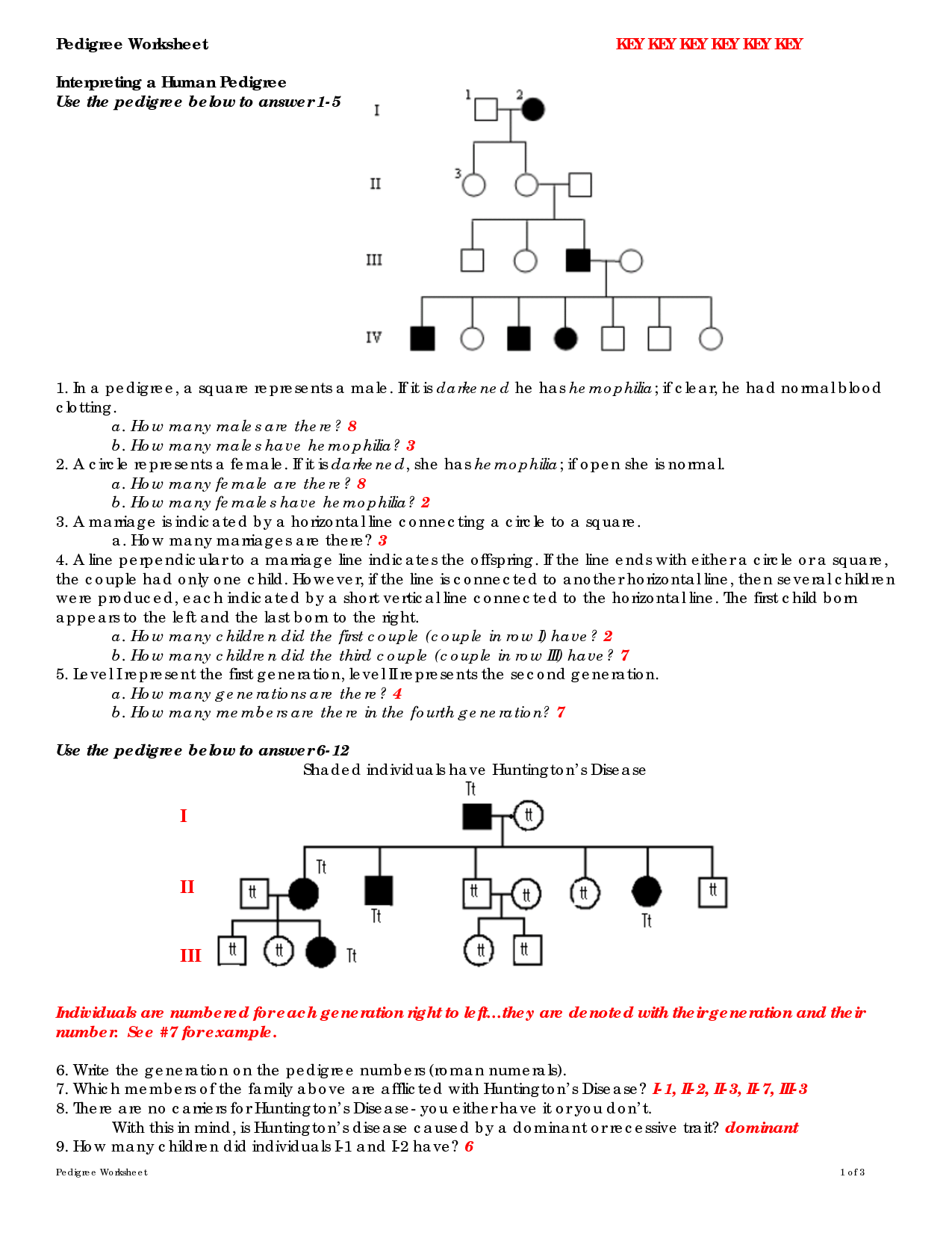 Autosomal Pedigrees Worksheet Answer Key