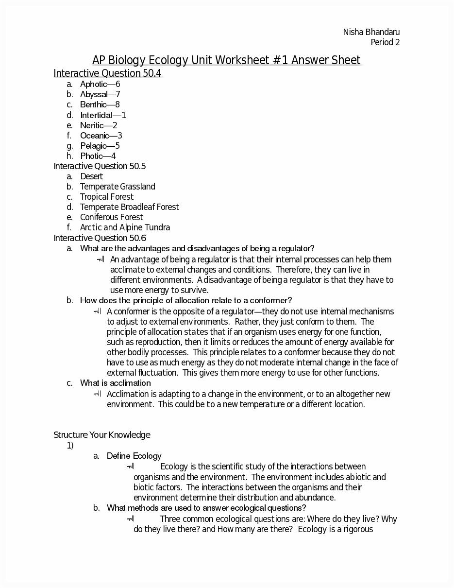High School Biology Worksheets and Answers