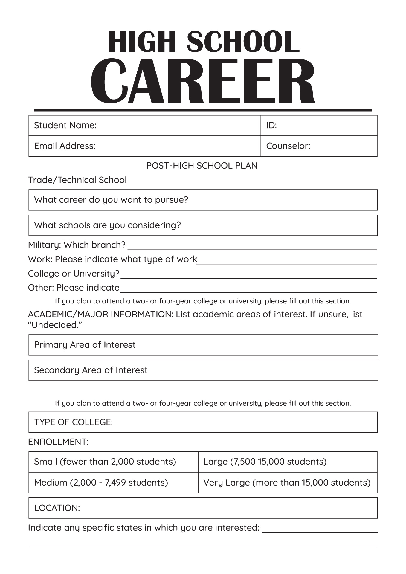 High School Career Worksheets for Students