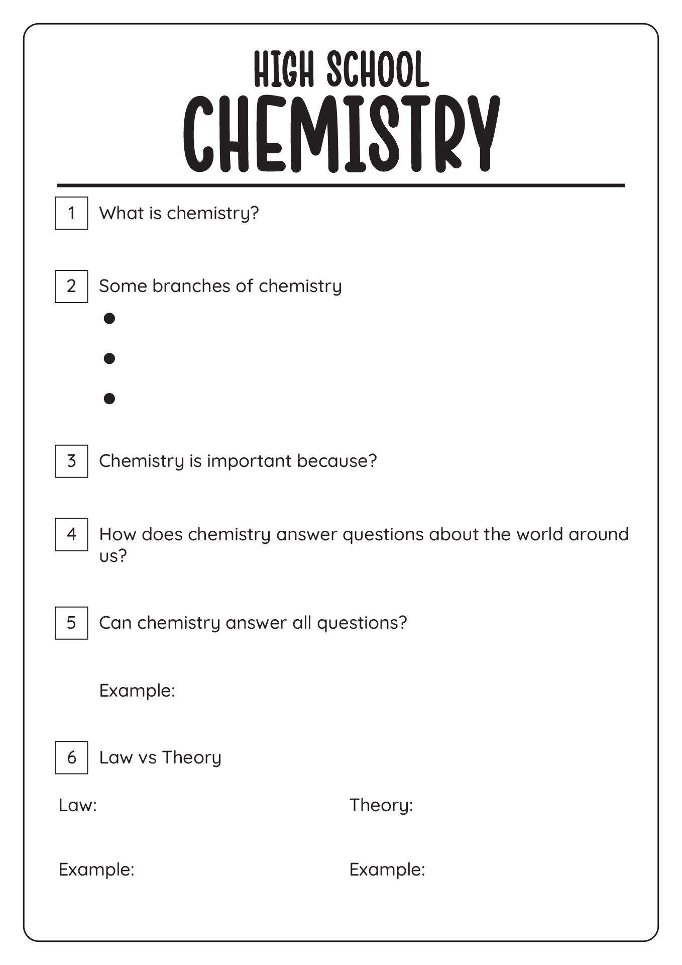 High School Chemistry Worksheets
