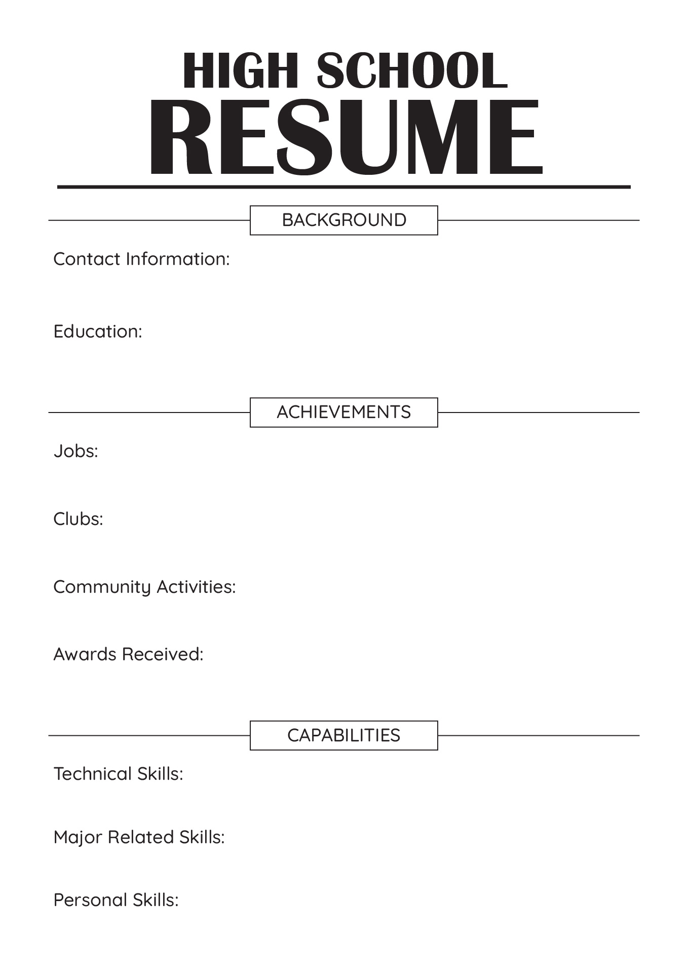 High School Resume Worksheet