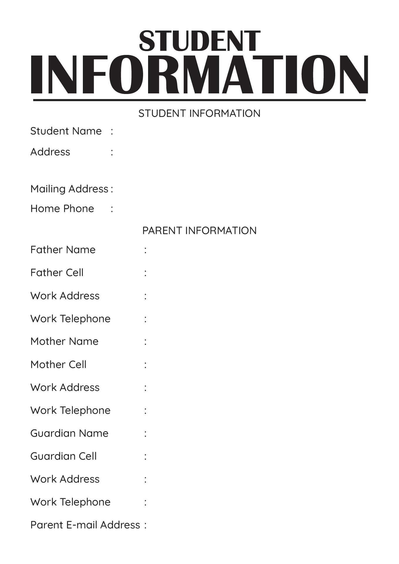 High School Student Information Sheet Printable