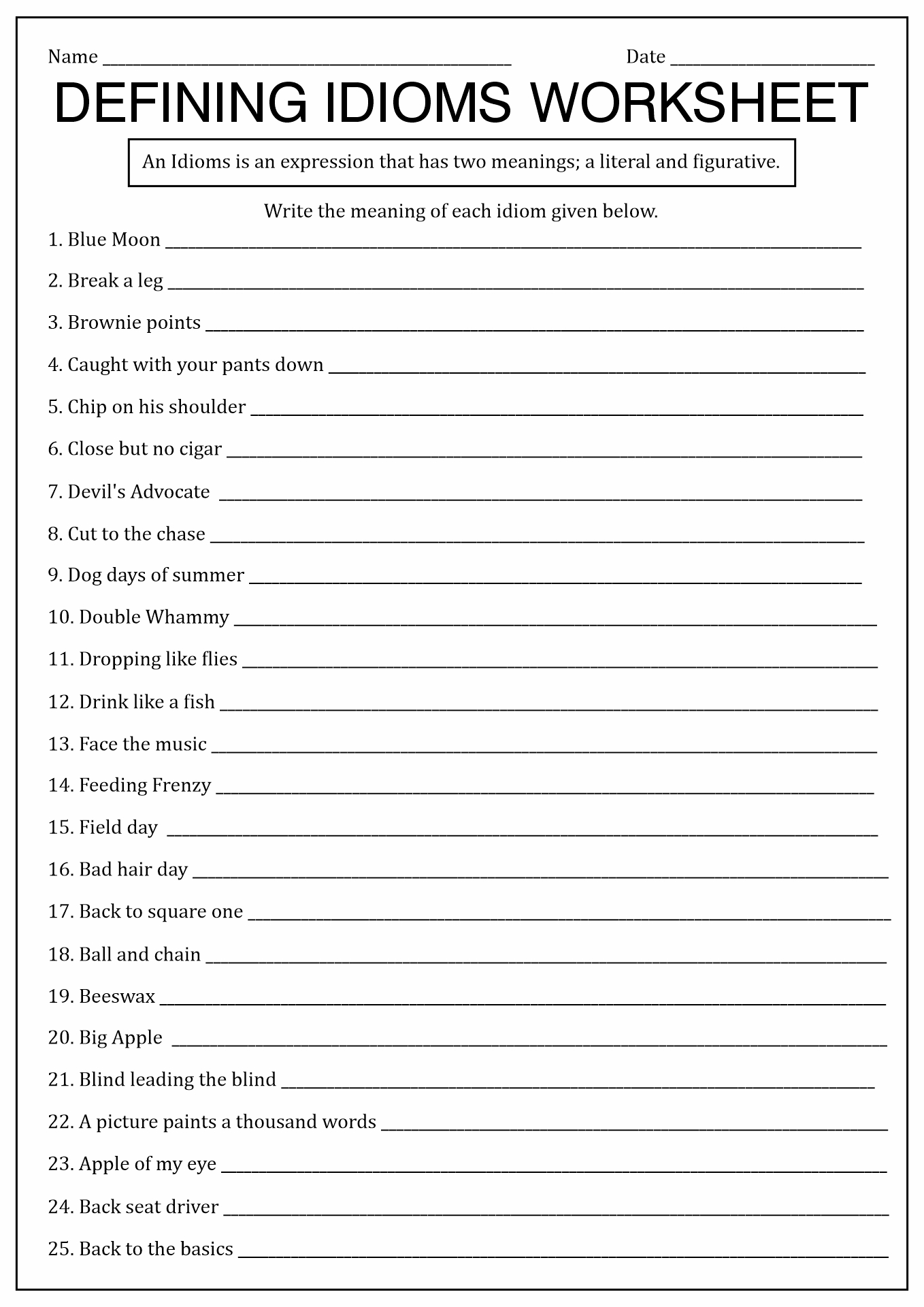 Idiom Worksheets for Middle Schoolers