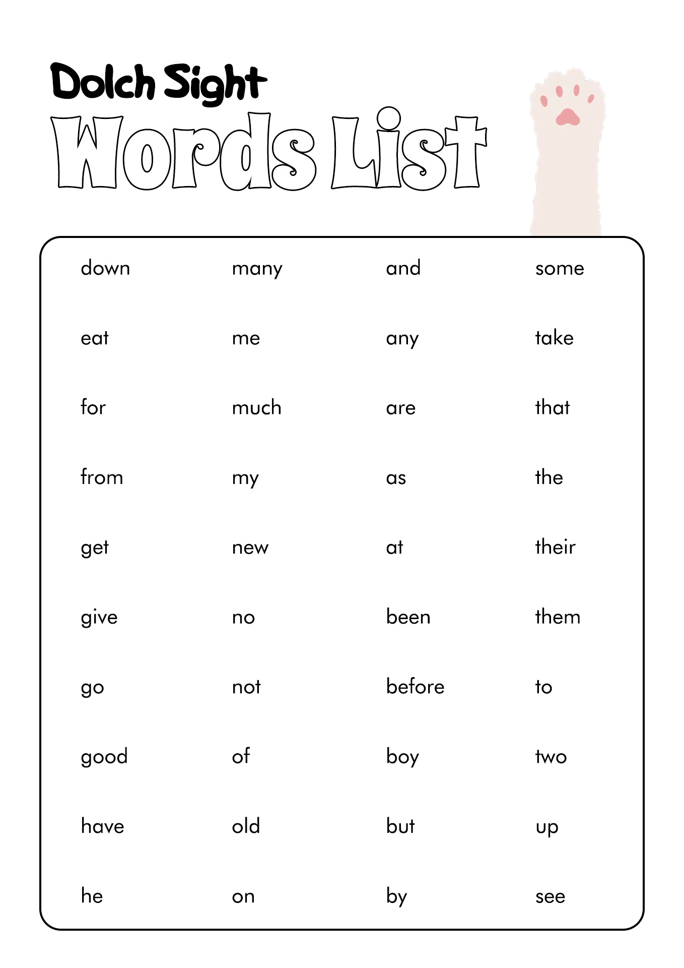 Kindergarten Dolch Word List Printable