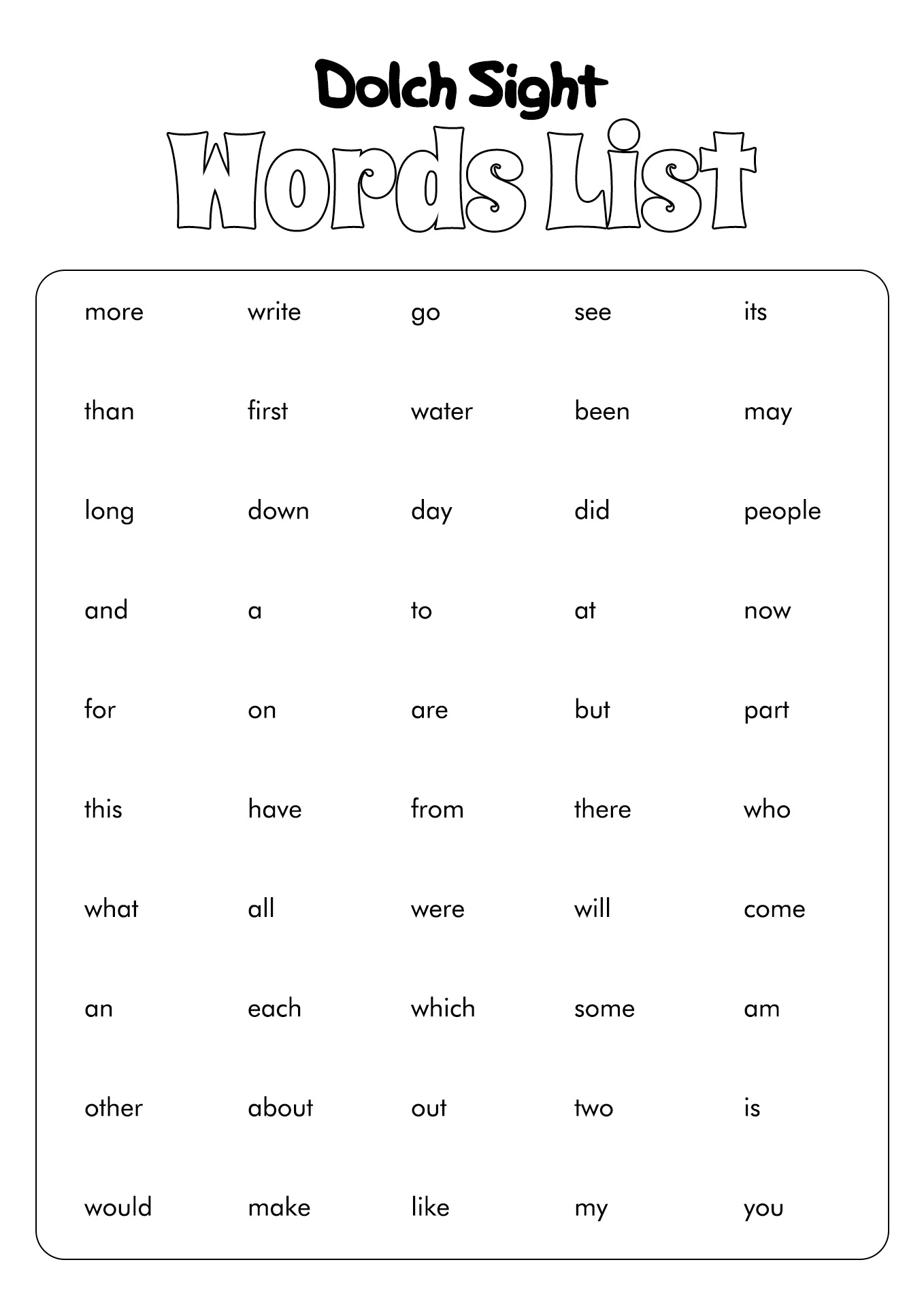 Kindergarten High Frequency Sight Words