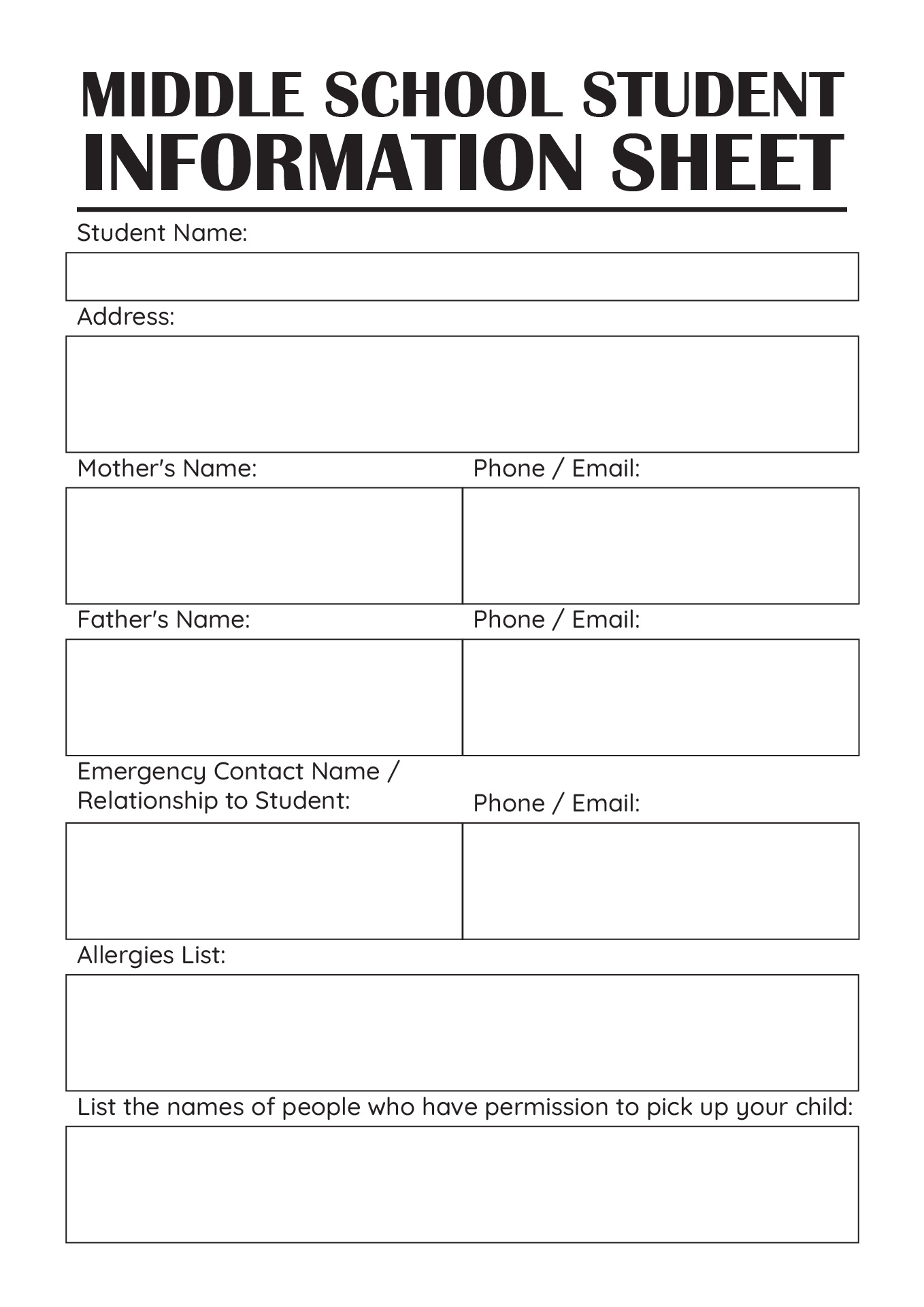 Middle School Student Information Sheet