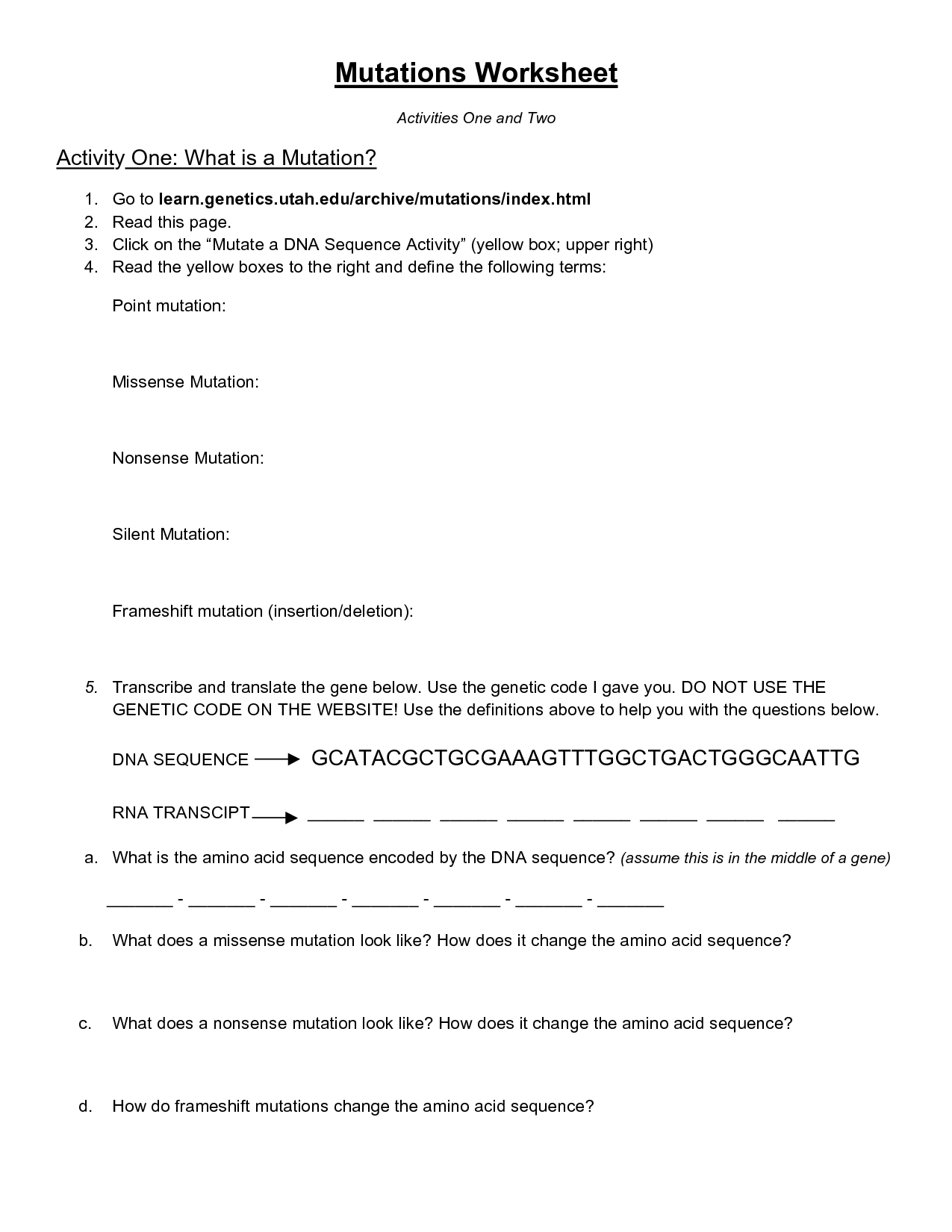 Mutations Worksheet Answer Key
