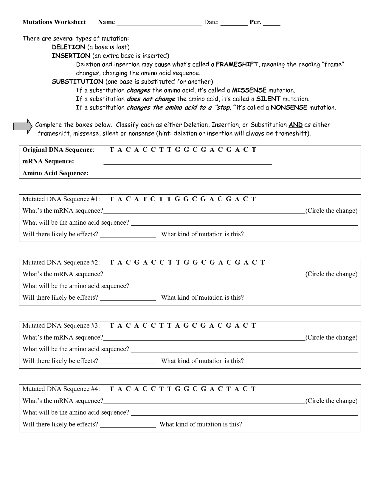 Mutations Worksheet Answer Key