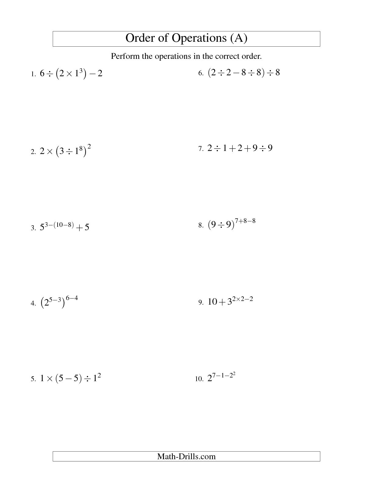 Order of Operations Worksheets with Answers Image