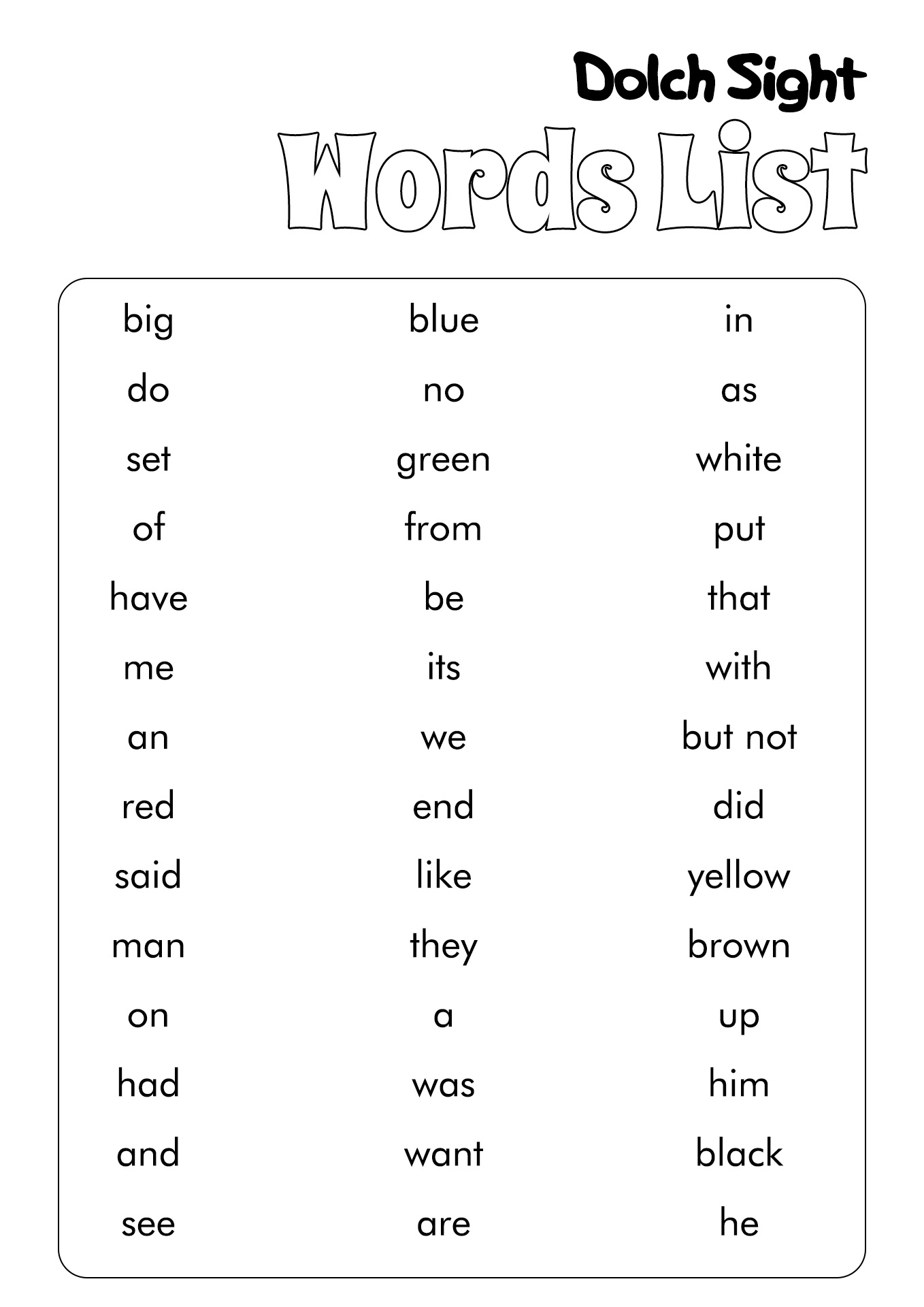 Printable Sight Words List