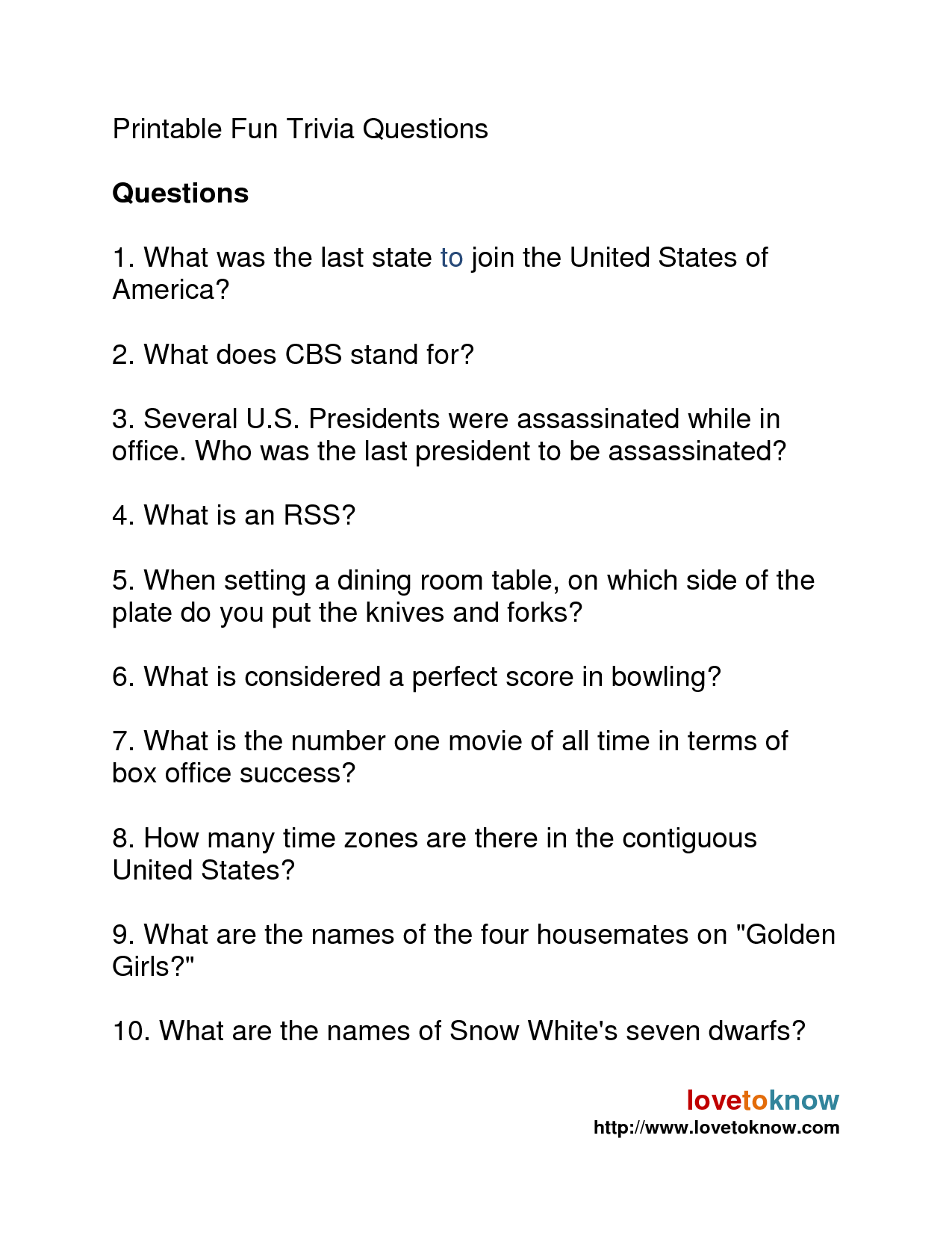 Printable Trivia Questions and Answers