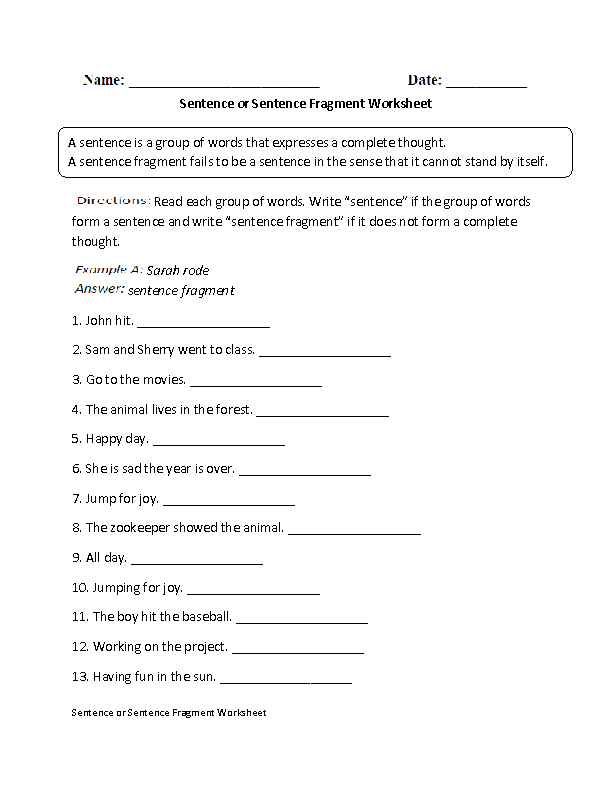 Sentence Fragment Worksheet 7th Grade