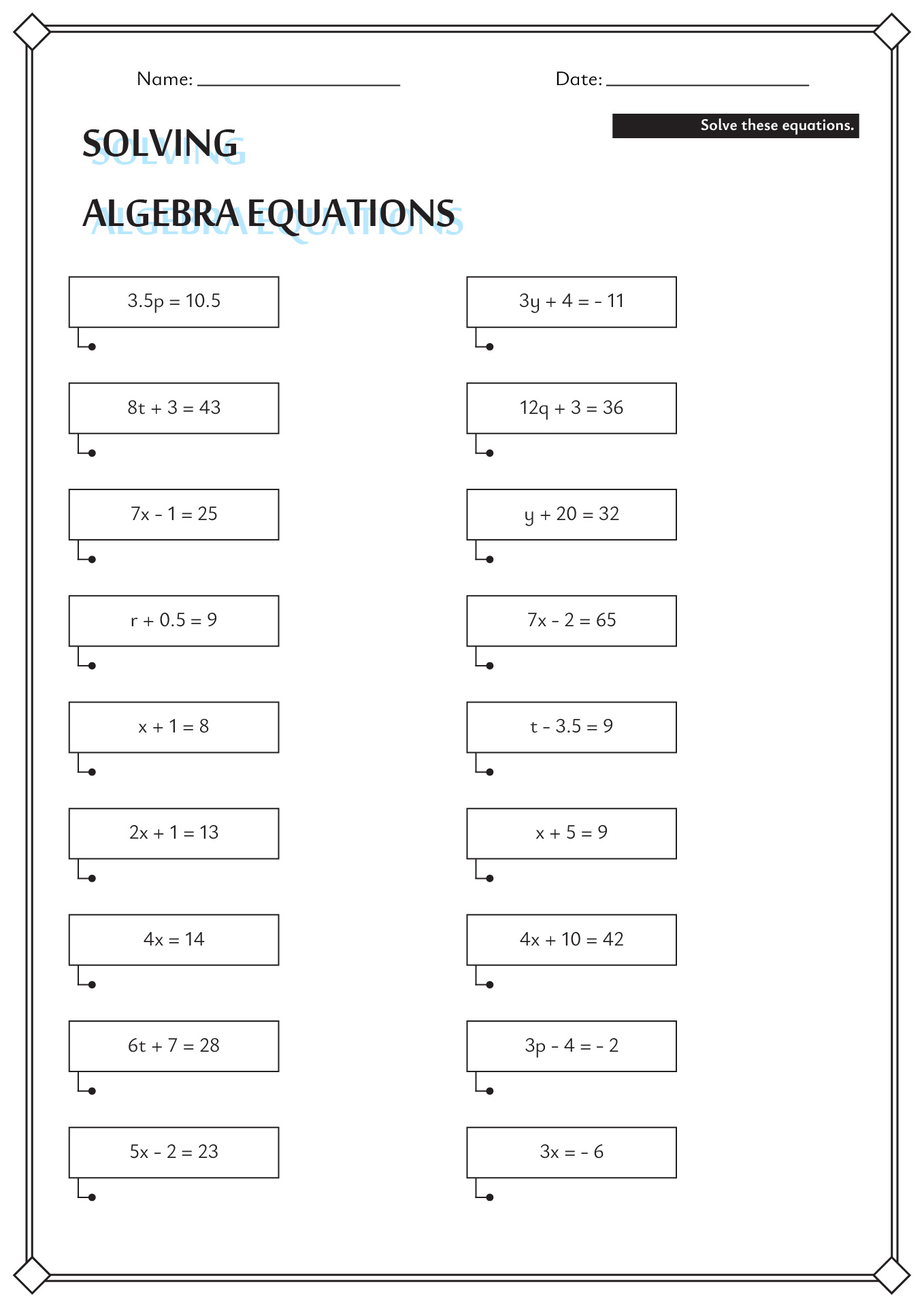Solving Algebra Equations Worksheets