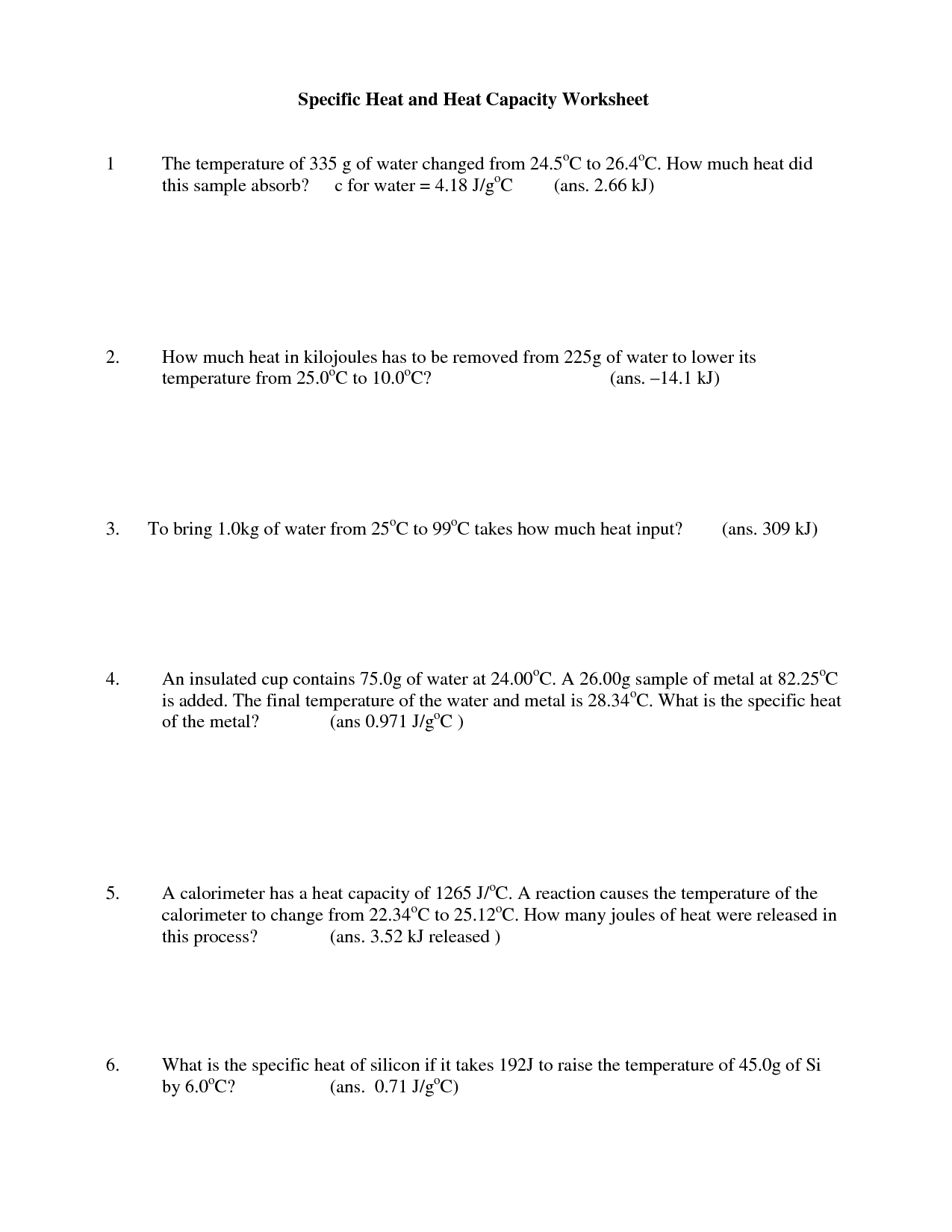 Specific Heat Worksheets and Answers