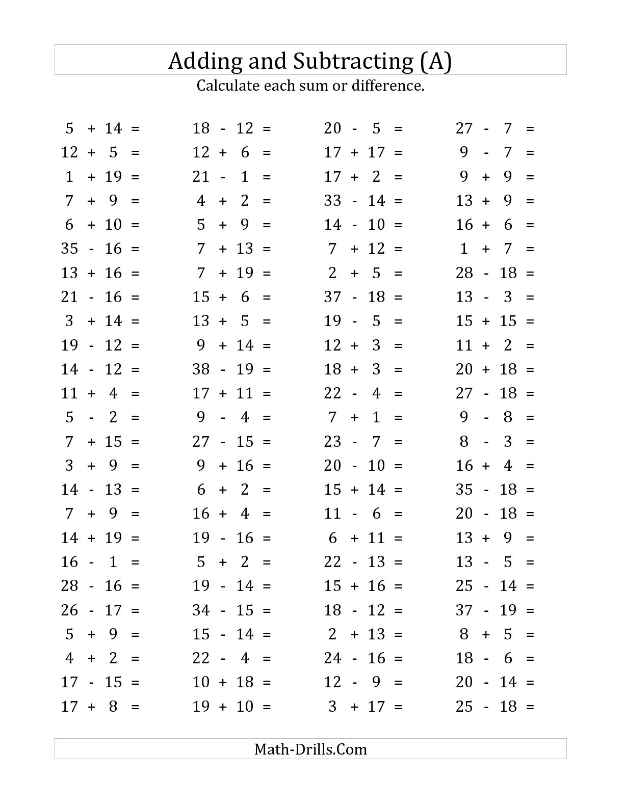 Free Printable Addition And Subtraction Facts Worksheets