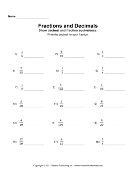 Converting Fractions into Decimals Worksheet Image