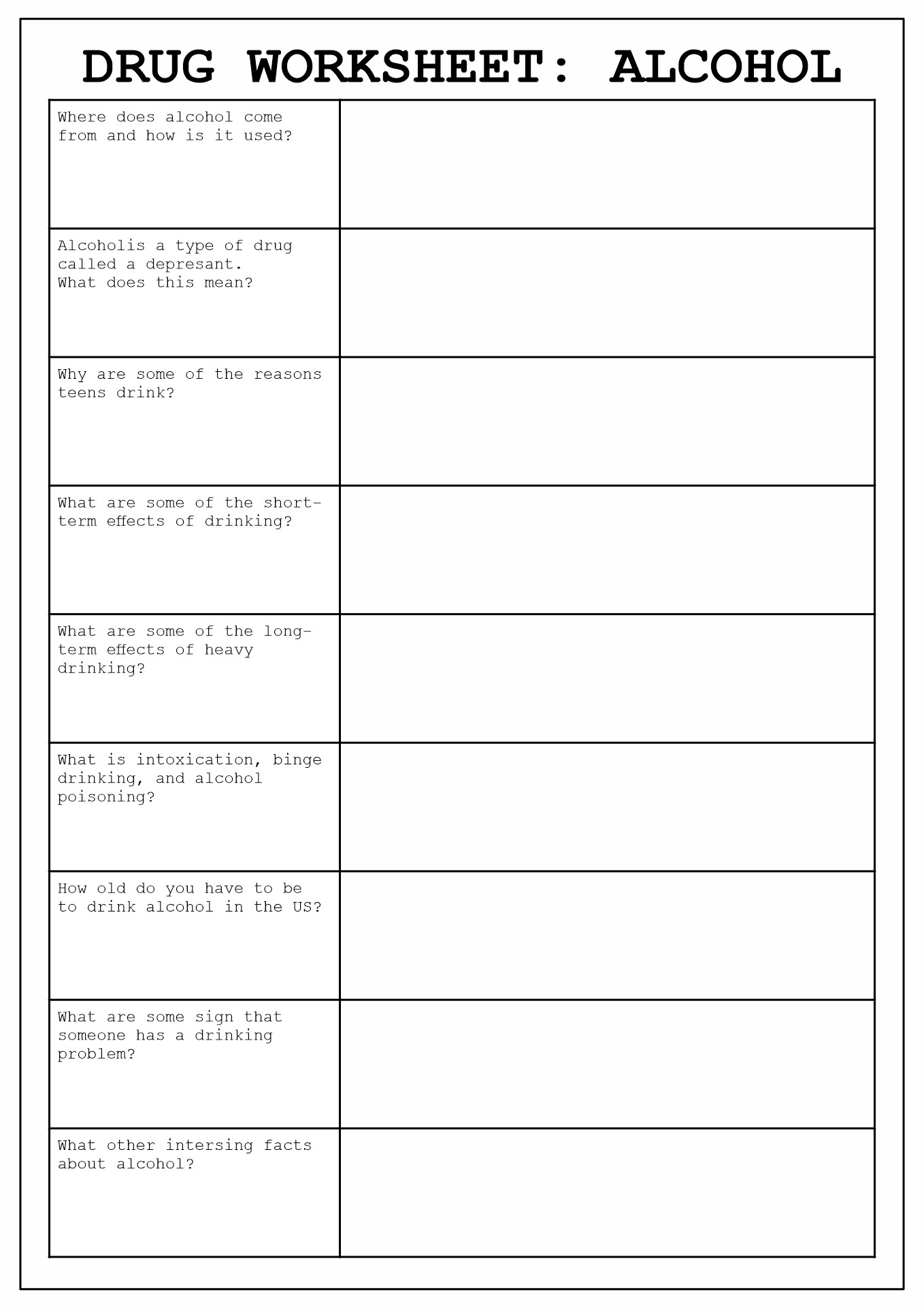 Drug and Alcohol Printable Worksheet Image