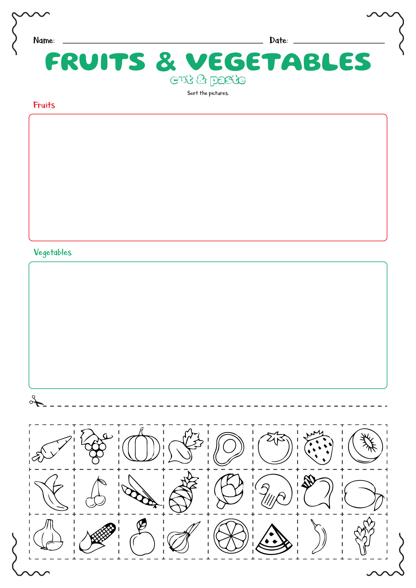 Fruits and Vegetables Cut Outs Worksheets
