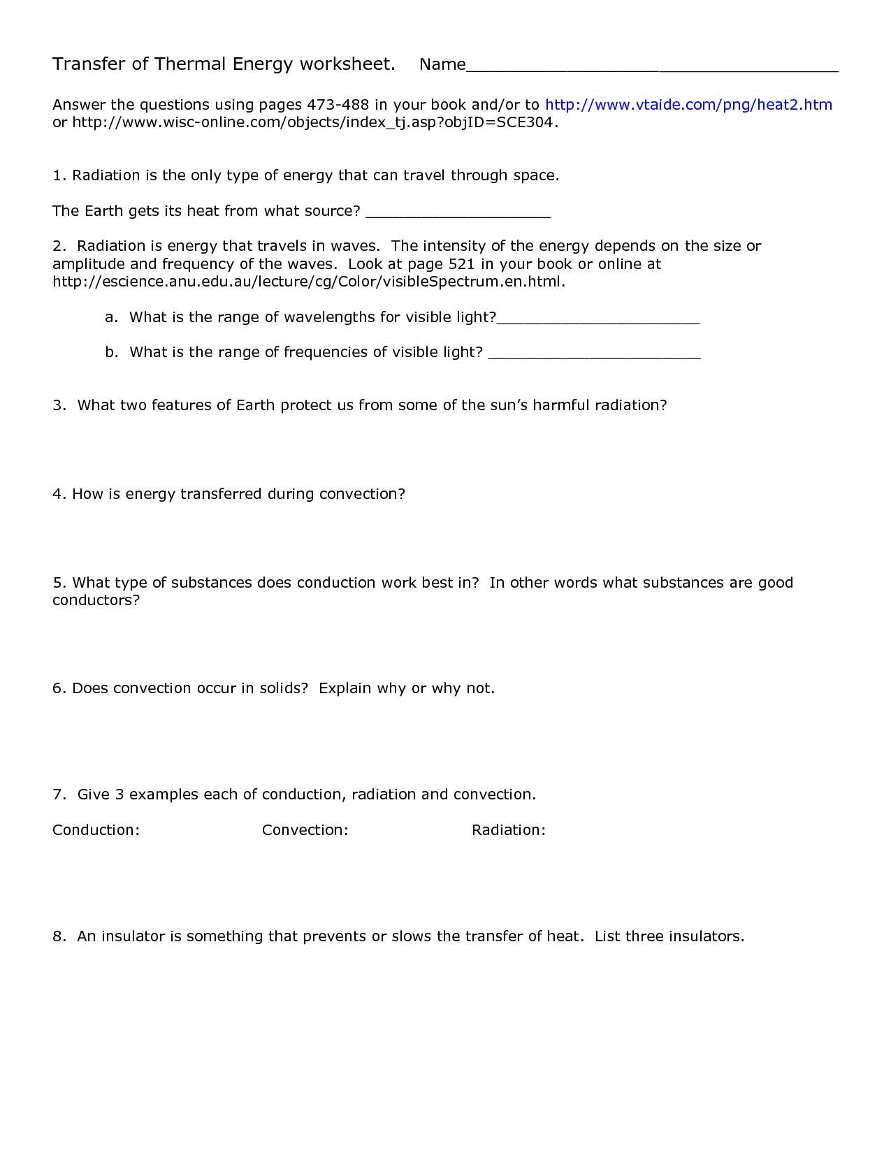 Thermal Energy Transfer Worksheet Answers