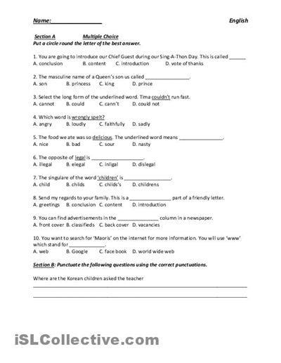 Printable English Worksheets Middle School Image
