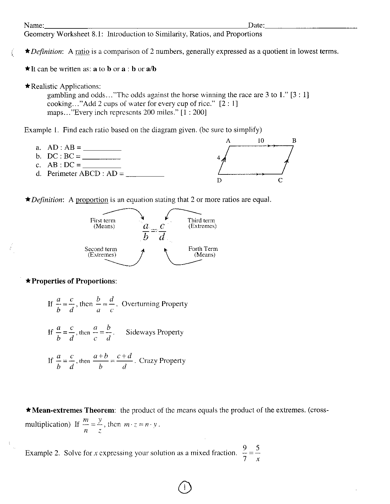 7 1 Ratios And Proportions Worksheet Answers